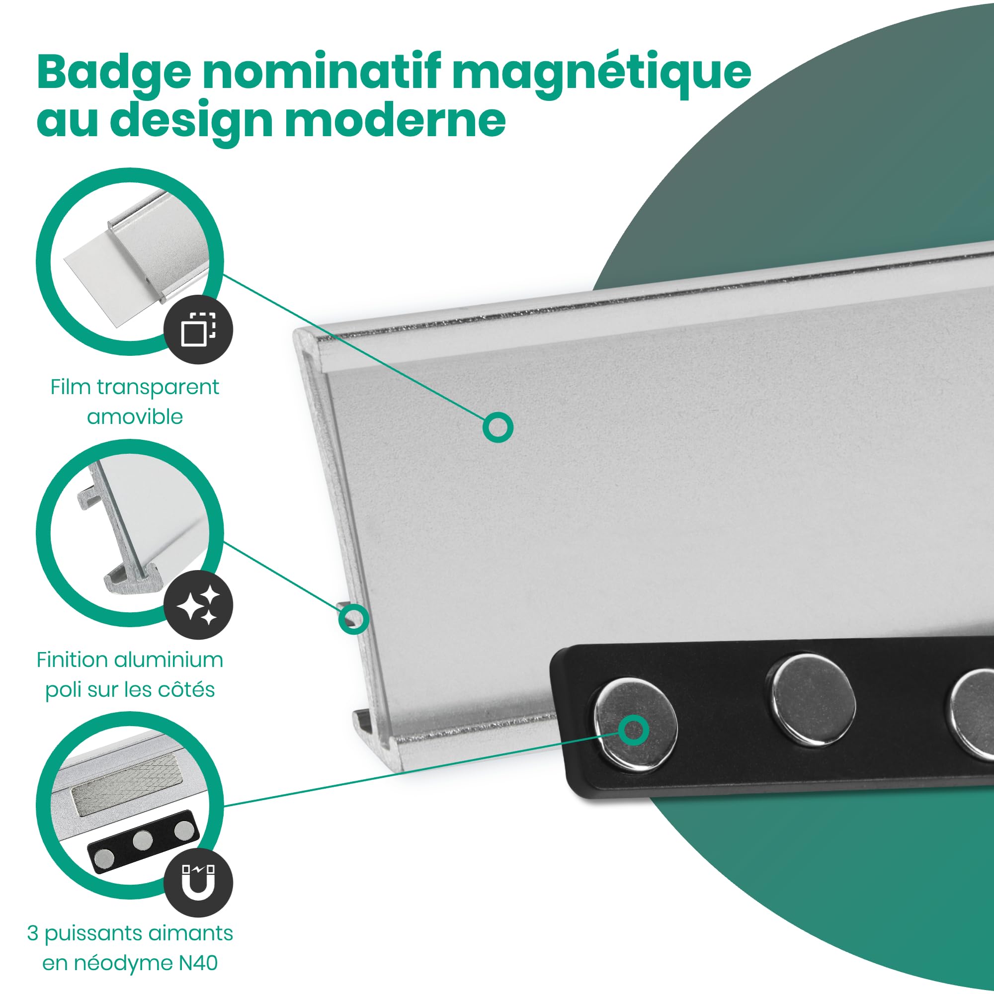 Badges nominatifs magnétiques (Lot de 20) – 3 aimants puissants N40 – Porte-badge aimanté en aluminium – Idéal pour foires et conférences – Modèle de badge personnalisable imprimable – 72x31mm