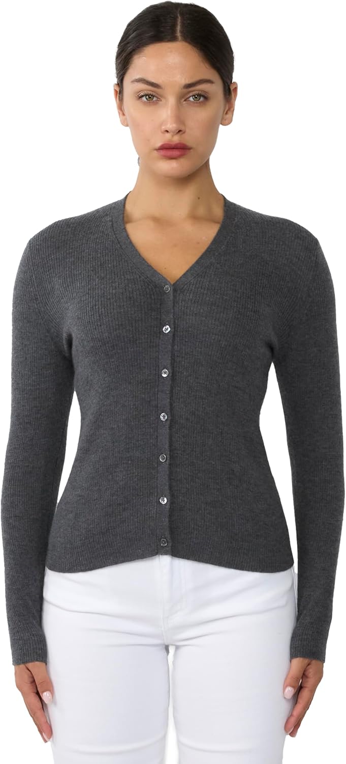 JENNIE LIU Womens 100% Cashmere V-Neck Cardigan Sweater | Ribbed Tissue Weight Cashmere Sweaters for Women