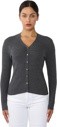 JENNIE LIU Womens 100% Cashmere V-Neck Cardigan Sweater | Ribbed Tissue Weight Cashmere Sweaters for Women