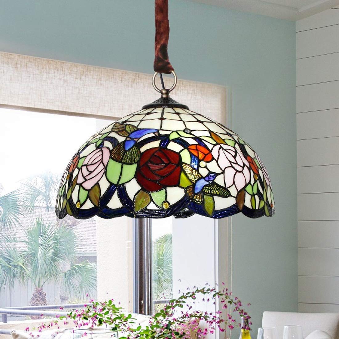 Lampa wisząca witrażowa w stylu Tiffany, Vintage okrągłe lampy sufitowe, regulowane żyrandole w stylu retro, E27, 30 cm, 50 cm