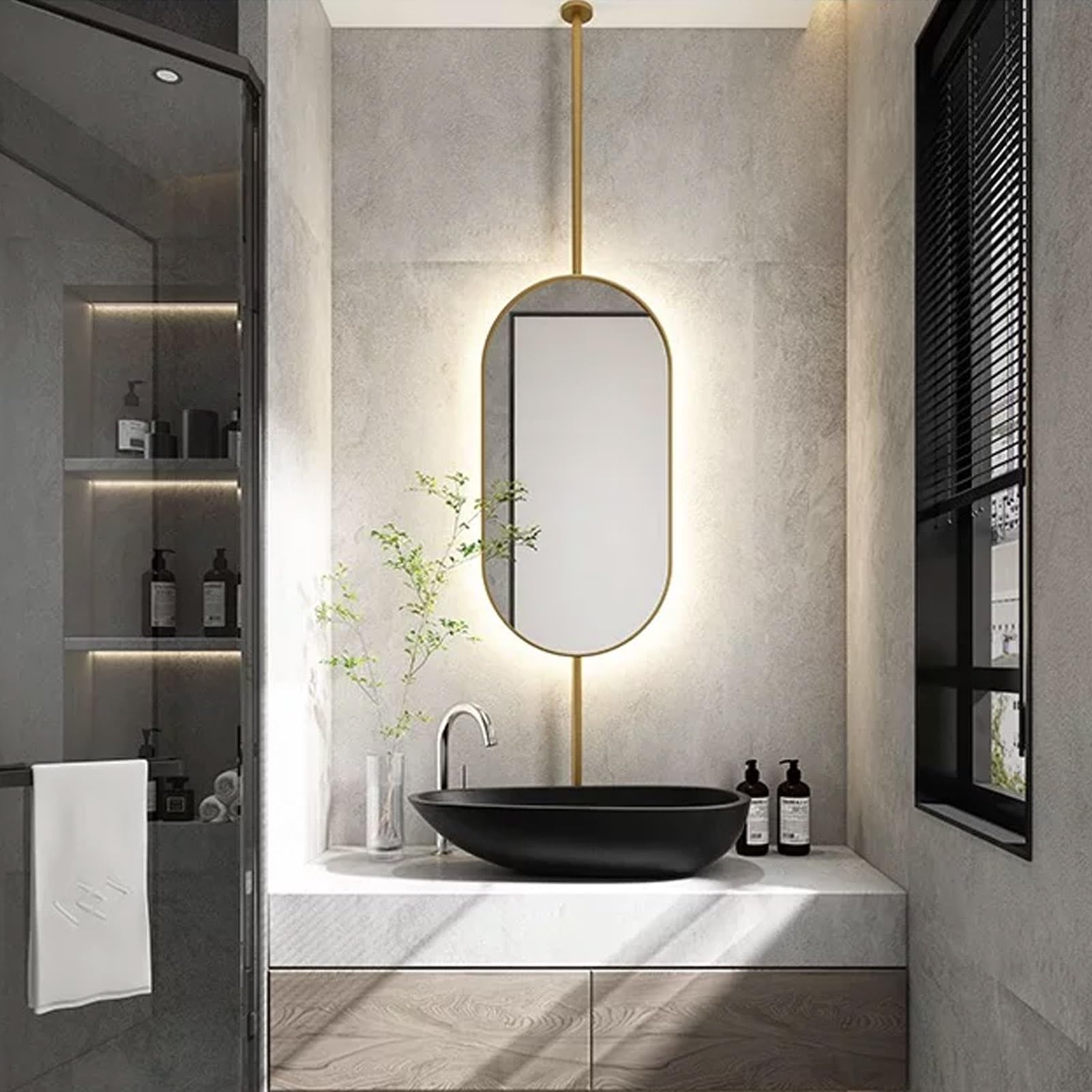 Gaommini Large Oval Mirror for Bathroom Vanity Makeup Home or Hotel, Ceiling Mounted Hanging Mirror Floating Wall Mirror, Gold(40cmx60cm)