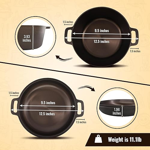 Miniatura 6 de StarBlue - Horno holandés de hierro fundido liso y pulido  Hierro fundido de 5 cuartos de galón con 10 pulgadas de diámetro, sartén multiusos 2 en 1