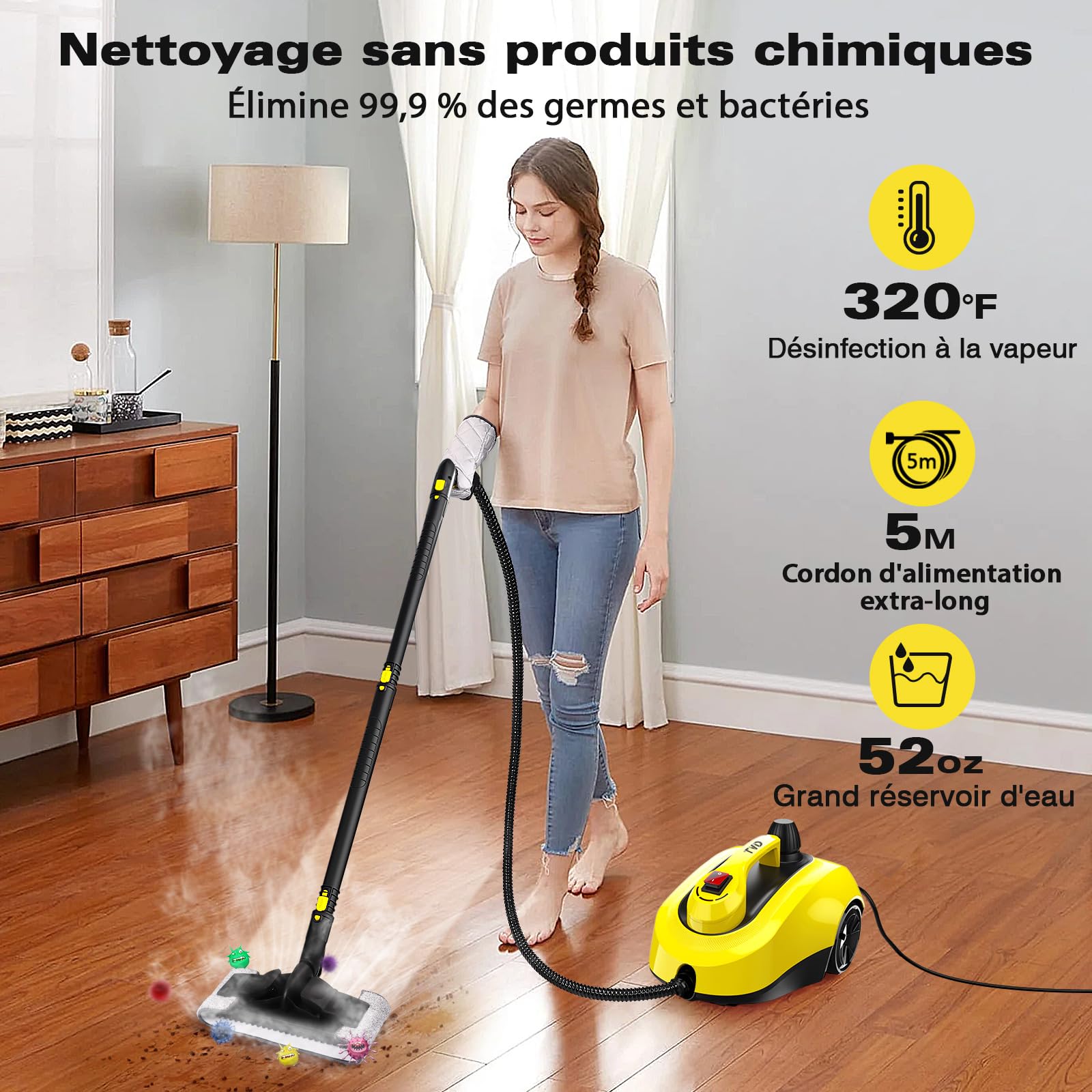 TVD Nettoyeur vapeur pour meubles rembourrés, nettoyeur vapeur avec câble d'alimentation extra long de 5 m pour nettoyeur de sol, four, voiture, carrelage, tapis, coussin, canapé, punaises de lit.