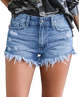 Women's Jeans Shorts Mid Rise Ripped Tassel Denim Frayed Raw Hem Jeans Shorts for Summer