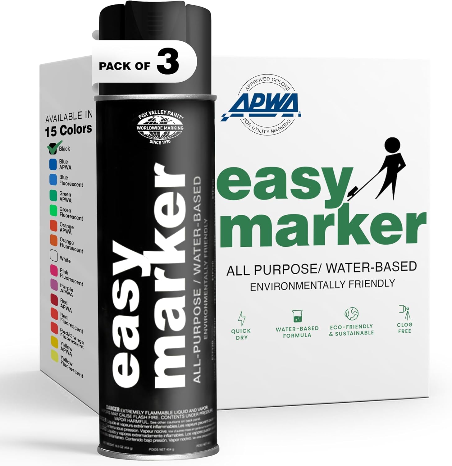 Fox Valley Easy Marker Inverted Marking Spray Paint, Black - 18 oz (Pack of 3), Upside Down Marking Paint for Grass & Tree Marking, Parking Lot, Quick Drying & Durable