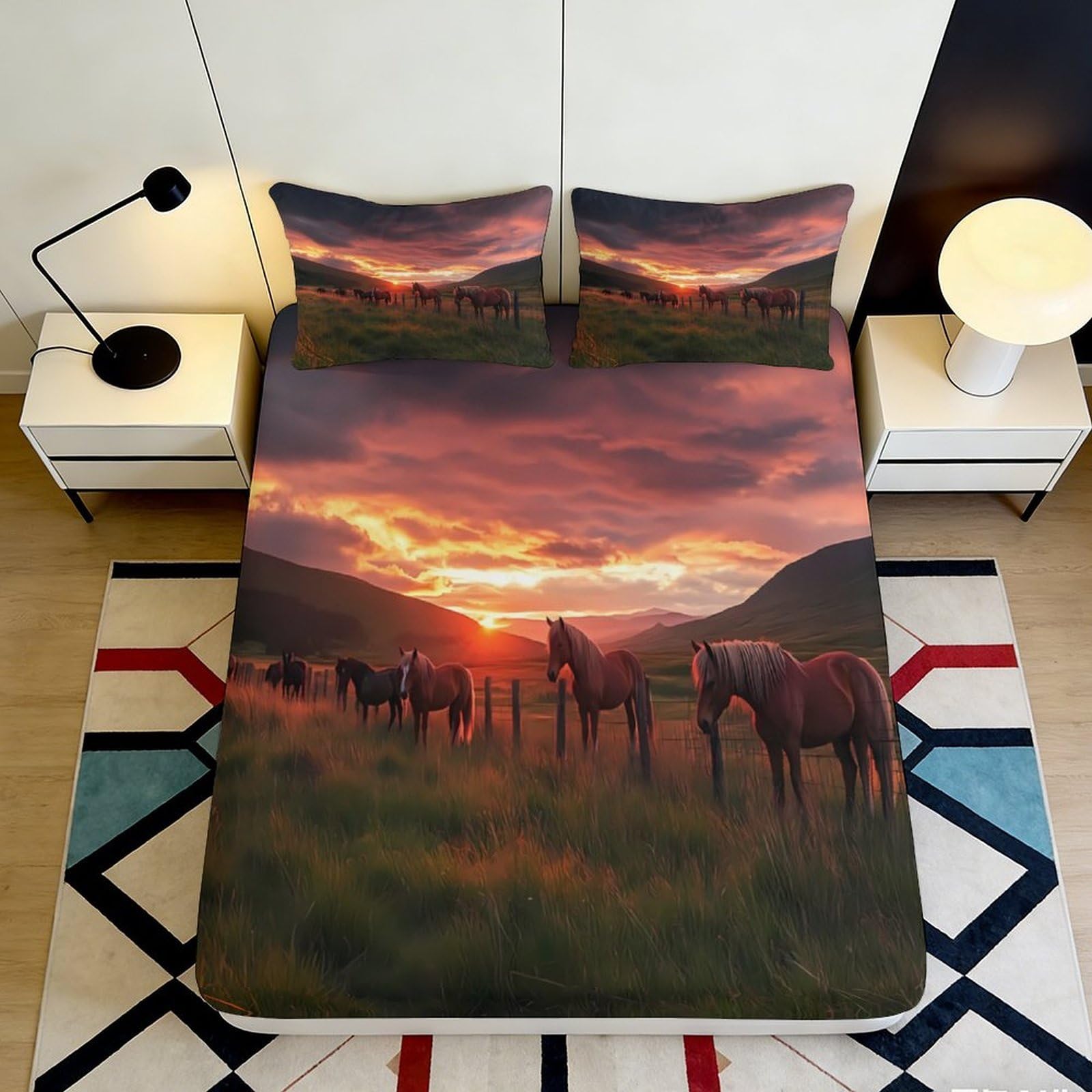 3D Printed Sunset Horses Fitted Sheet Microfiber Soft Breathable Scenic Mountain Bed Cover for Bedroom Dormitory Guest Room Mattress Protection 120x200x25cm