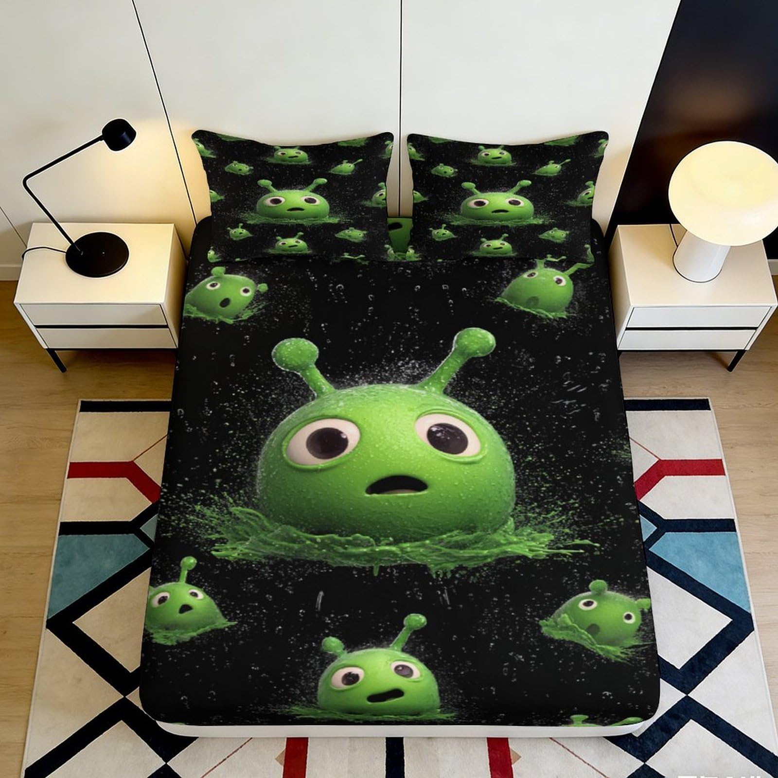 3D Printed Green Alien Fitted Sheet Microfiber Soft Breathable Space Creature Bed Cover for Bedroom Dormitory Guest Room Mattress Protection 160x200x25cm
