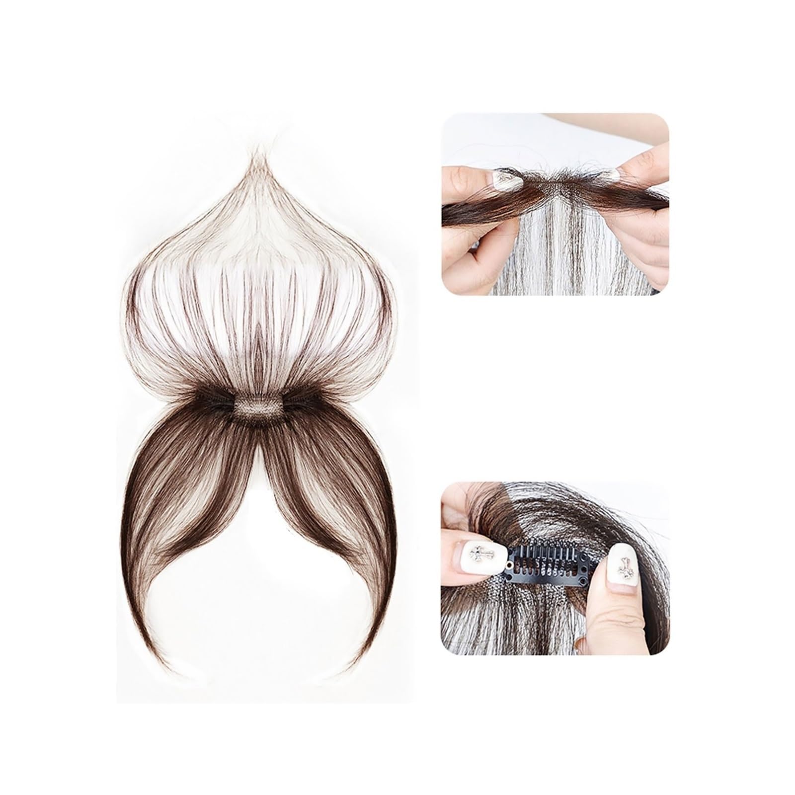 Clip In Bangs Ludzkie włosy Clip On Bang Fałszywe grzywki Na co dzień Zakrzywione grzywki Zakrywają siwe włosy i zwiększają objętość włosów (Kolor: mokka brązowy)