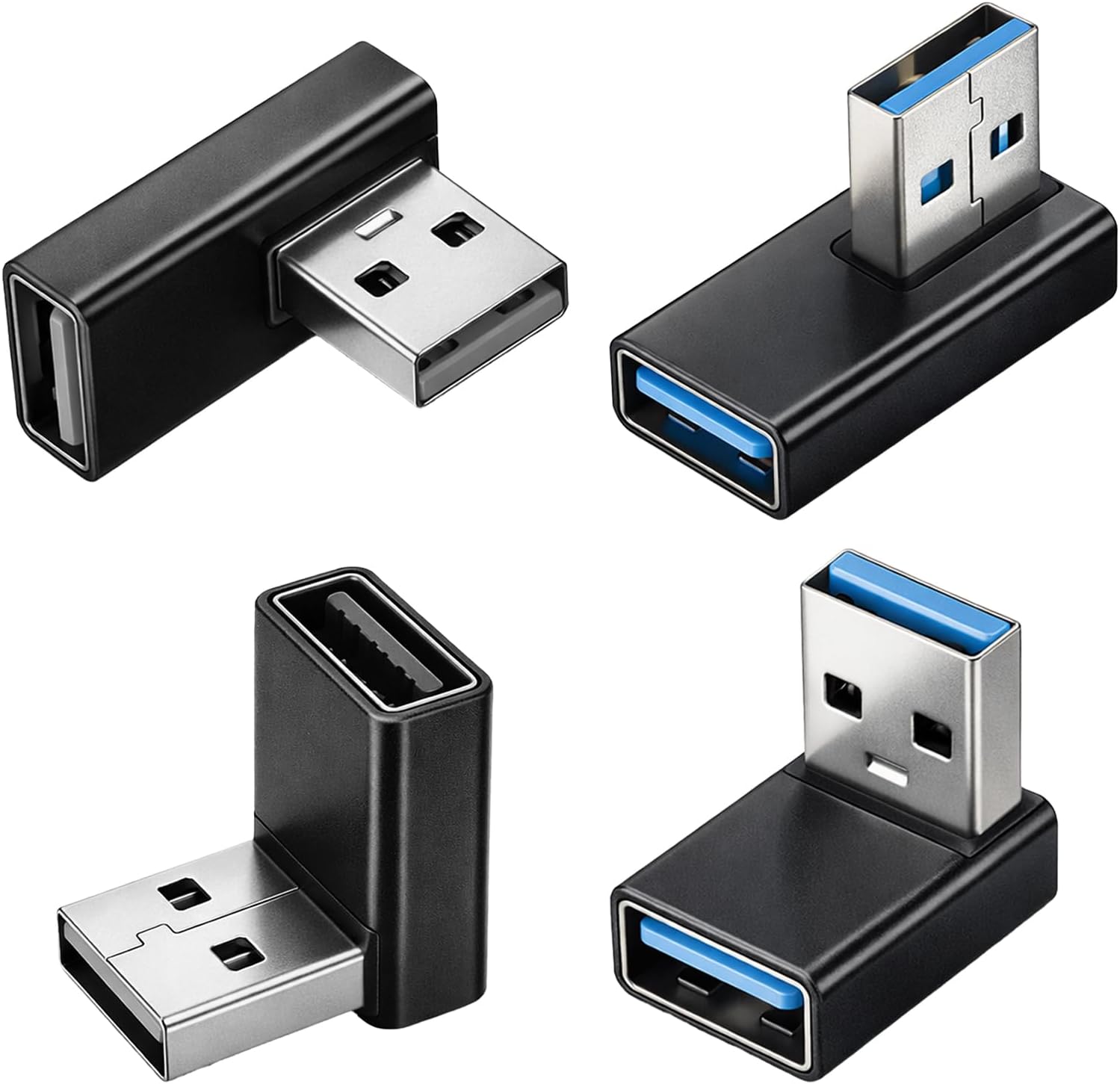USB 3.0 Adapter 90 Degree Low Profile, 4 PCS Left Right Vertical up and Down Angle Coupler Connector USB-A Male to Female Adapter Extender Converters Compatible Laptops Chargers USB-A Devices