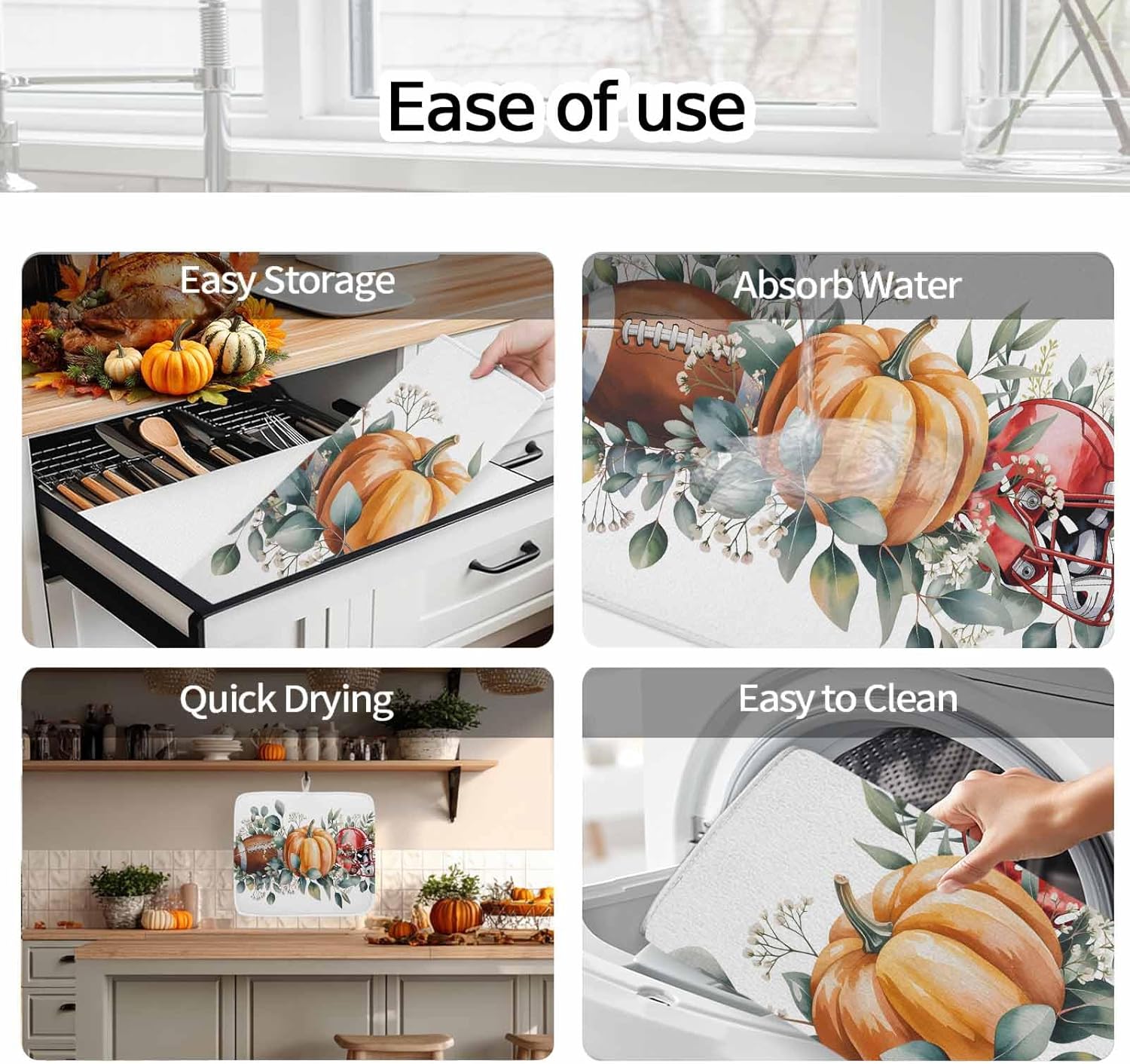 Watercolor Pumpkin Eucalyptus Leaf Dish Drying Mats for Kitchen Counter,Absorbent Microfiber Dish Drainer Rack Mat Retro Autumn Rugby Helmet Drying Pad for Sinks,Utensils,Countertops,18x24in