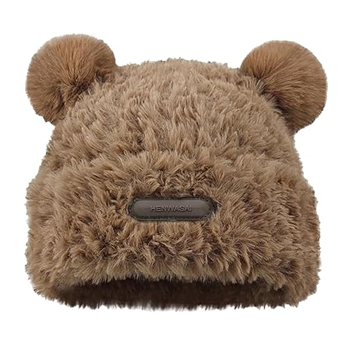HENWASAI Cute Fuzzy Bear Ears Beanie Hat for Women Furry Beanie with Pom Pom Winter Warm Knitted Hat Bear Costume Accessories - One Size - Khaki