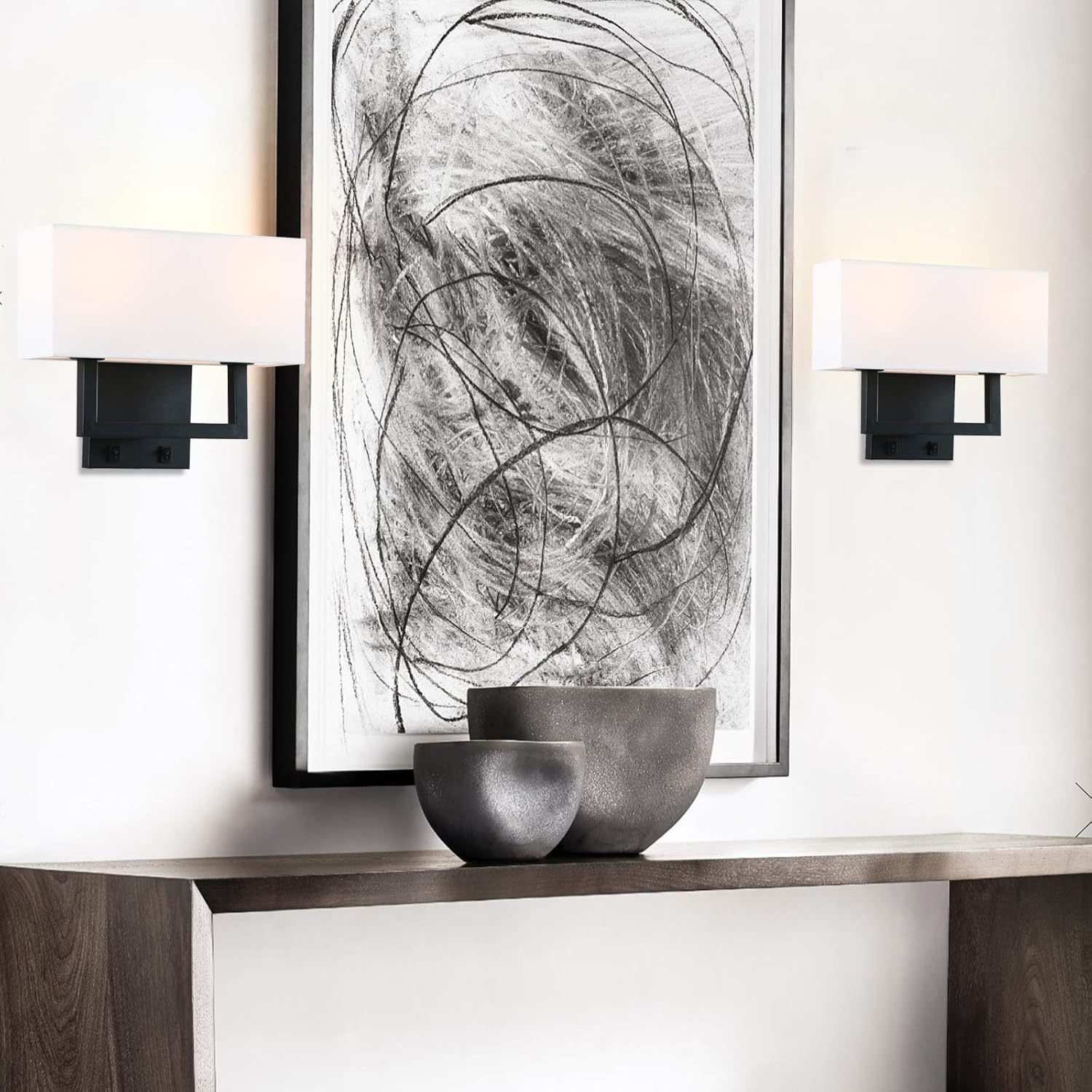 PERMO Wall Sconces Black Finish Double Sconce with White Textile Shades and On/Off Switch Button Wall Light Fixture for Living Room Bedroom Bedside Nightstand Light