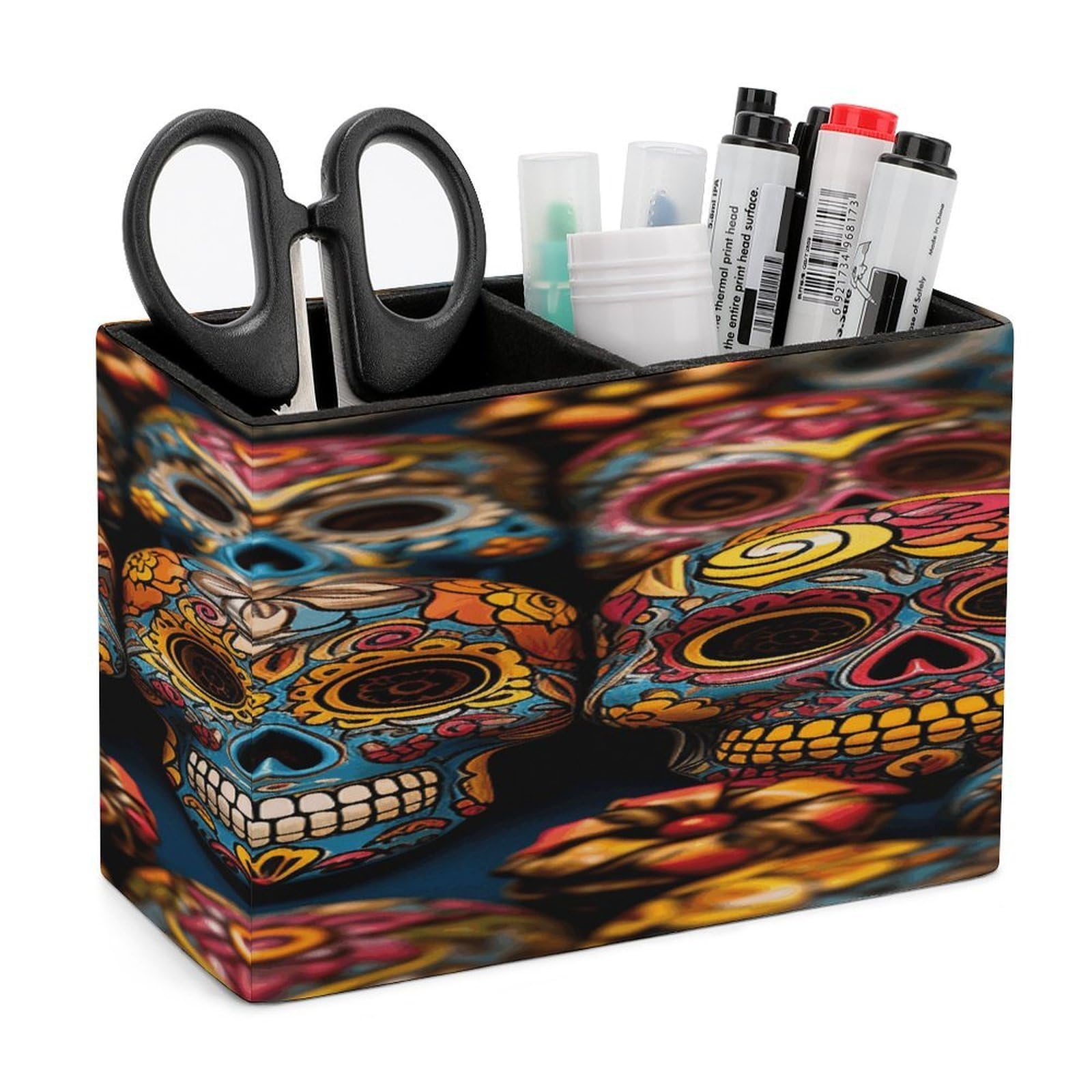 VstaDank Colorful Sugar Skulls Pen Holder Double Compartments Pen Cup Fashion Makeup Brush Holders Leather Pencil Holder for Work Locker Accessories Modern Pencil Cup for Desk Organizer