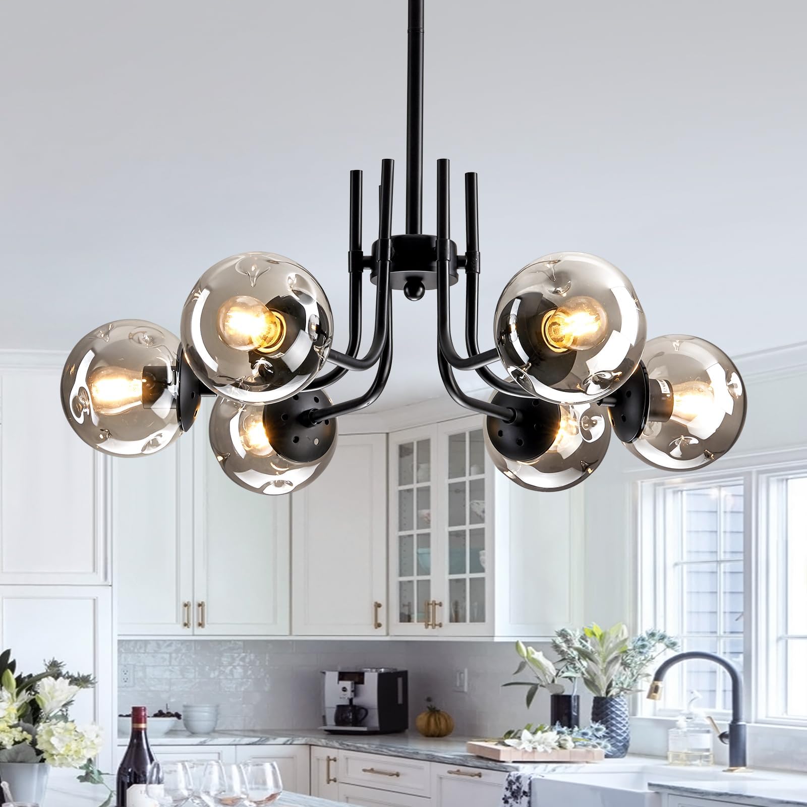 hesoge 6-Lights Glass Globe Sputnik Chandeliers Modern Metal Ceiling Light Fixture Black Semi Flush Mount Chandelier for Living Room Dining Room Bedroom Farmhouse Kitchen.