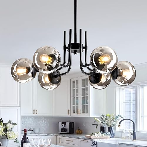 hesoge 6-Lights Glass Globe Sputnik Chandeliers Modern Metal Ceiling Light Fixture Black Semi Flush Mount Chandelier for Living Room Dining Room Bedroom Farmhouse Kitchen.