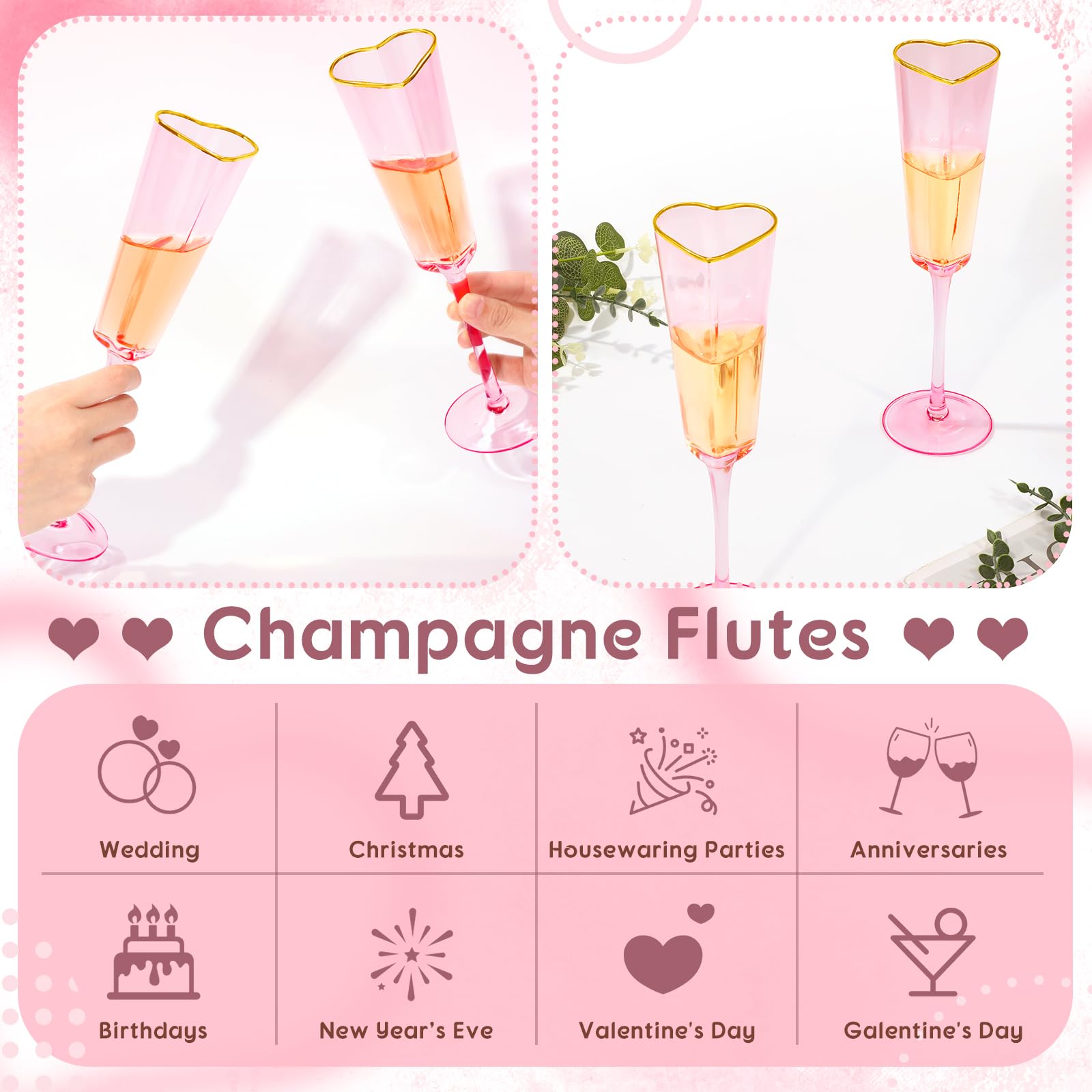 Pink Heart Champagne Flutes - Wedding Party Glasses -6 Pink Heart Champagne Flutes - Wedding Party Glasses -6