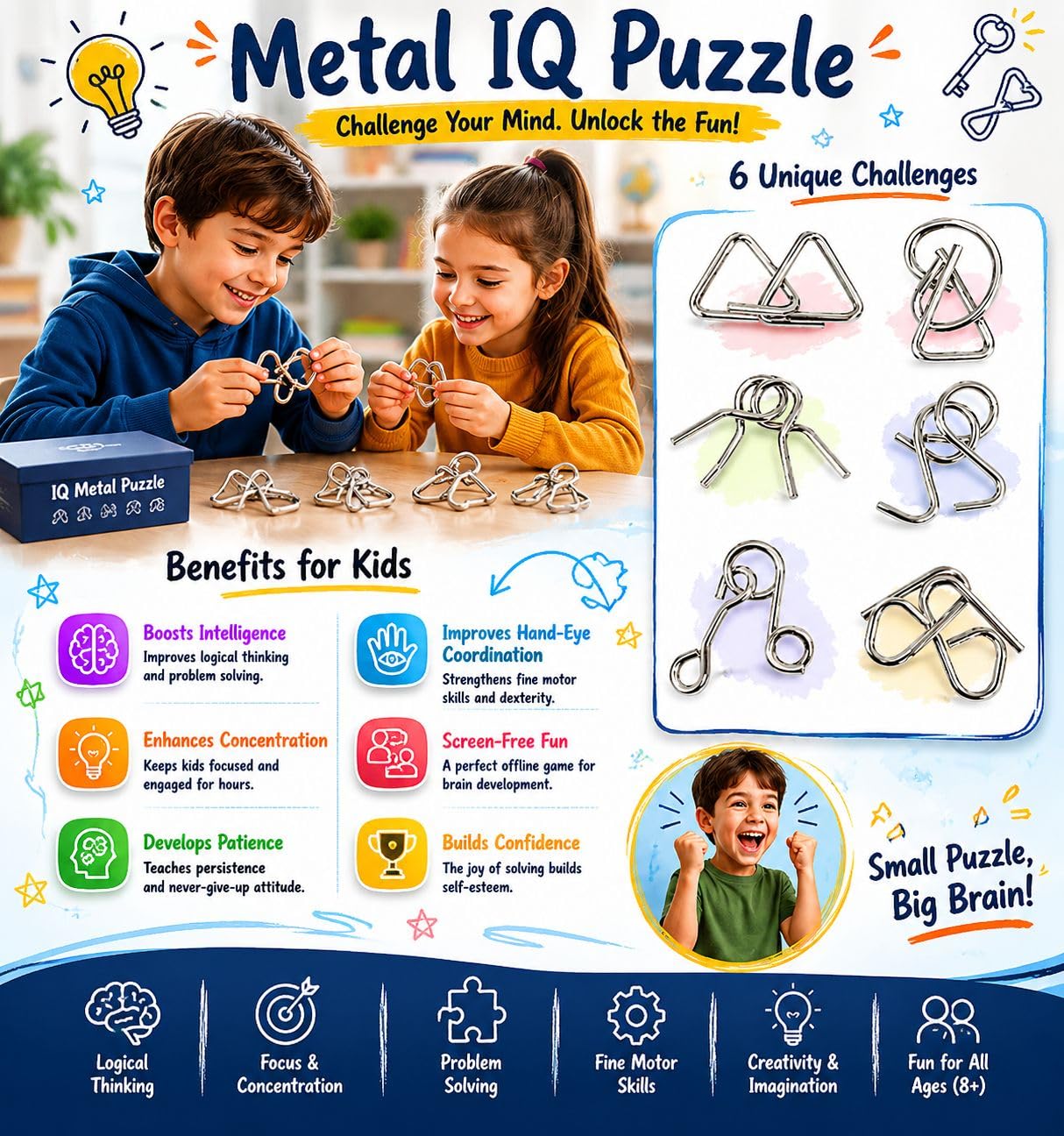 CD Brainteaser IQ Metal Wire Puzzles, Set of 6 Unique Challenges