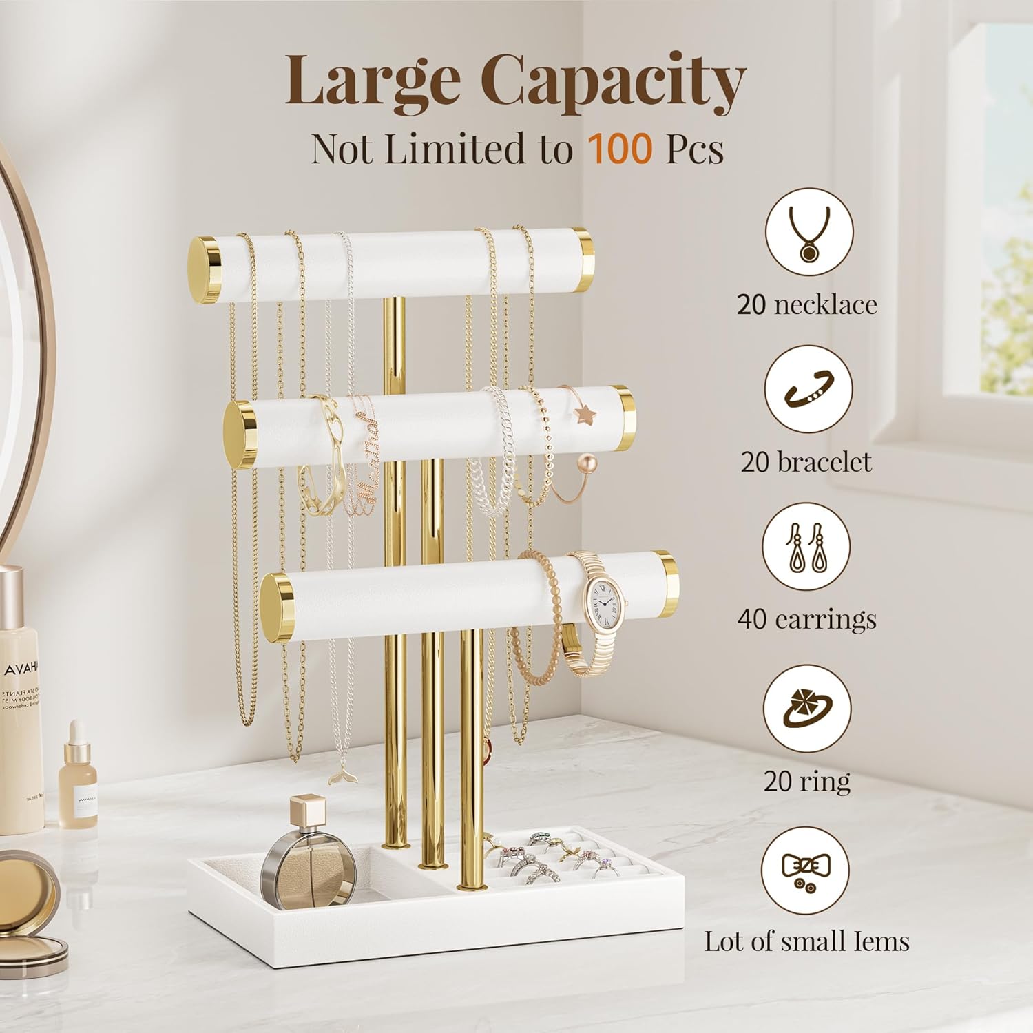 3 Tier Bracelet Holder Display - White Leather Bracelet Holder, Detachable T Bar Jewelry Holder Organizer for Bracelet, Necklace, Earrings, Rings, Watches, Bangle - Image 3