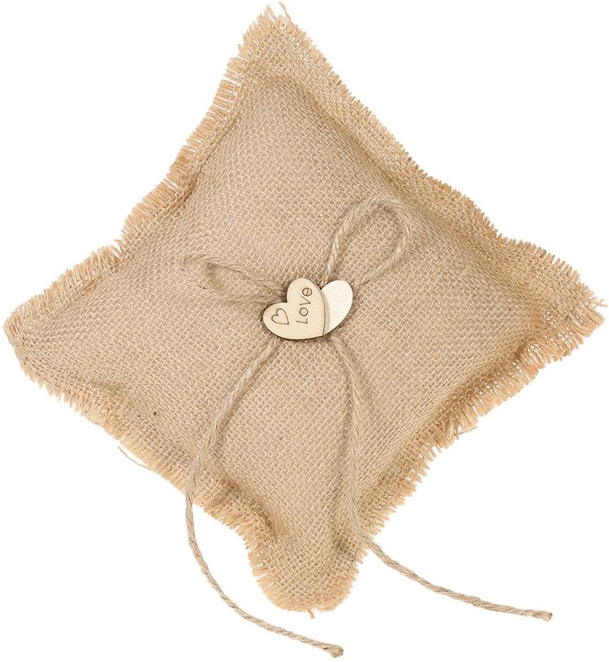 Vintage Burlap Double Heart Ring Bearer Pillow and Flower Girl Basket Set 6 x 6 inch Rustic Wedding Ring Pillow with Ribbon and Wooden Heart Decorations