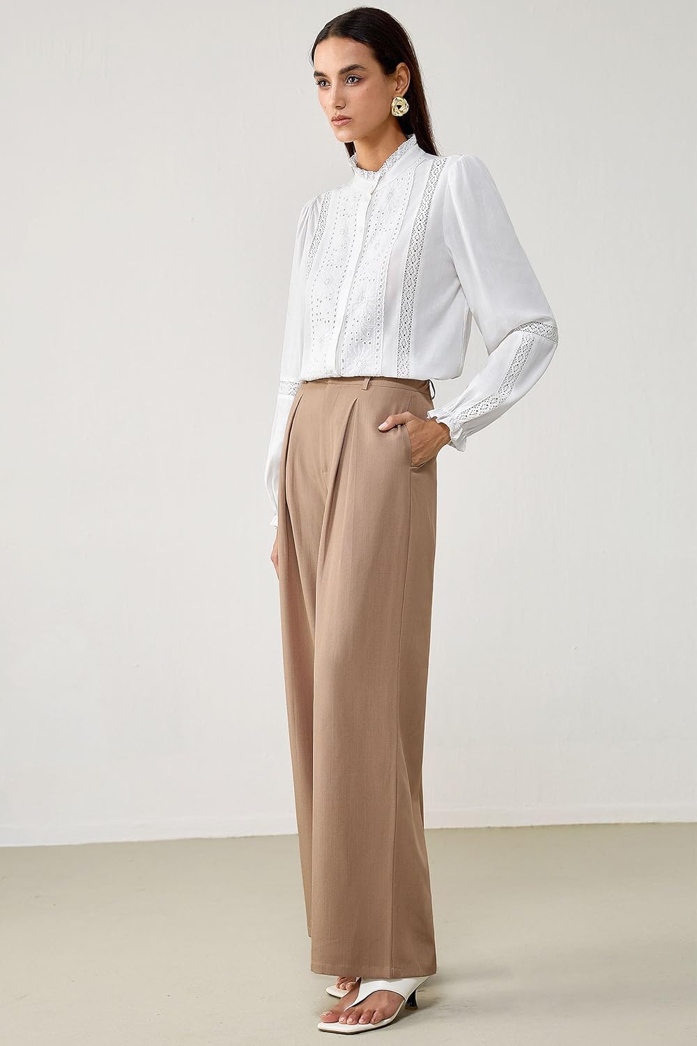 Women Lace Eyelet Button Linen Blouse,Puff Sleeves Cute Shirt Casual Top - Image 3