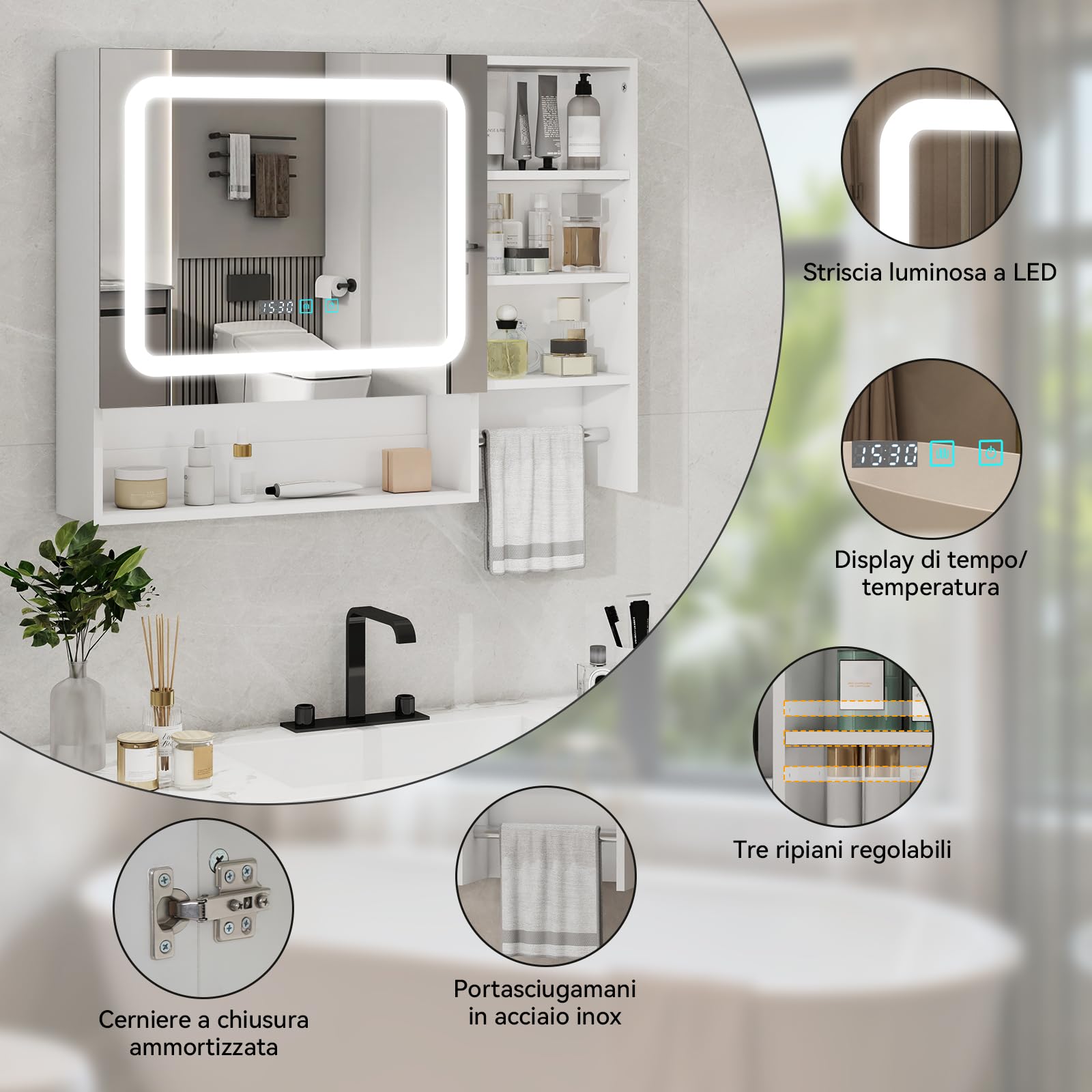 YU YUSING Specchio Contenitore Bagno con Luce, Mobile Bagno Sospeso con LED 80x14x60 cm, Armadietto con Portasciugamani, 3 Modalità di Luce, 3 Ripiani Regolabili, Bianco