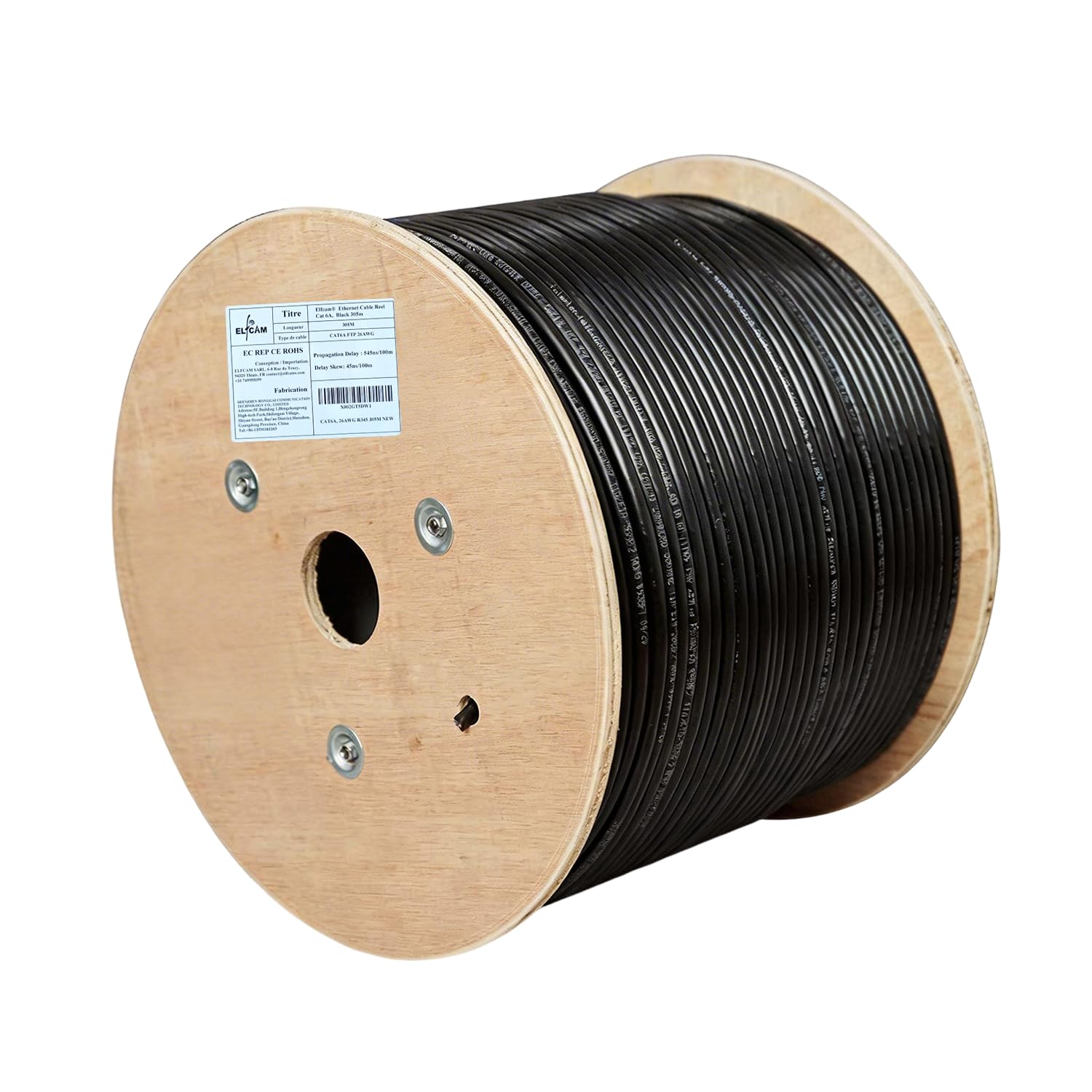Elfcam® - 305m Câble de Réseau Ethernet Bobine | 100% Cuivre U/FTP | CAT6A, 26AWG RJ45 | LAN 10Gbps | Blindé | PC, Switch, Routeur, Modem, Commutateur (305 Mètres,Noir)