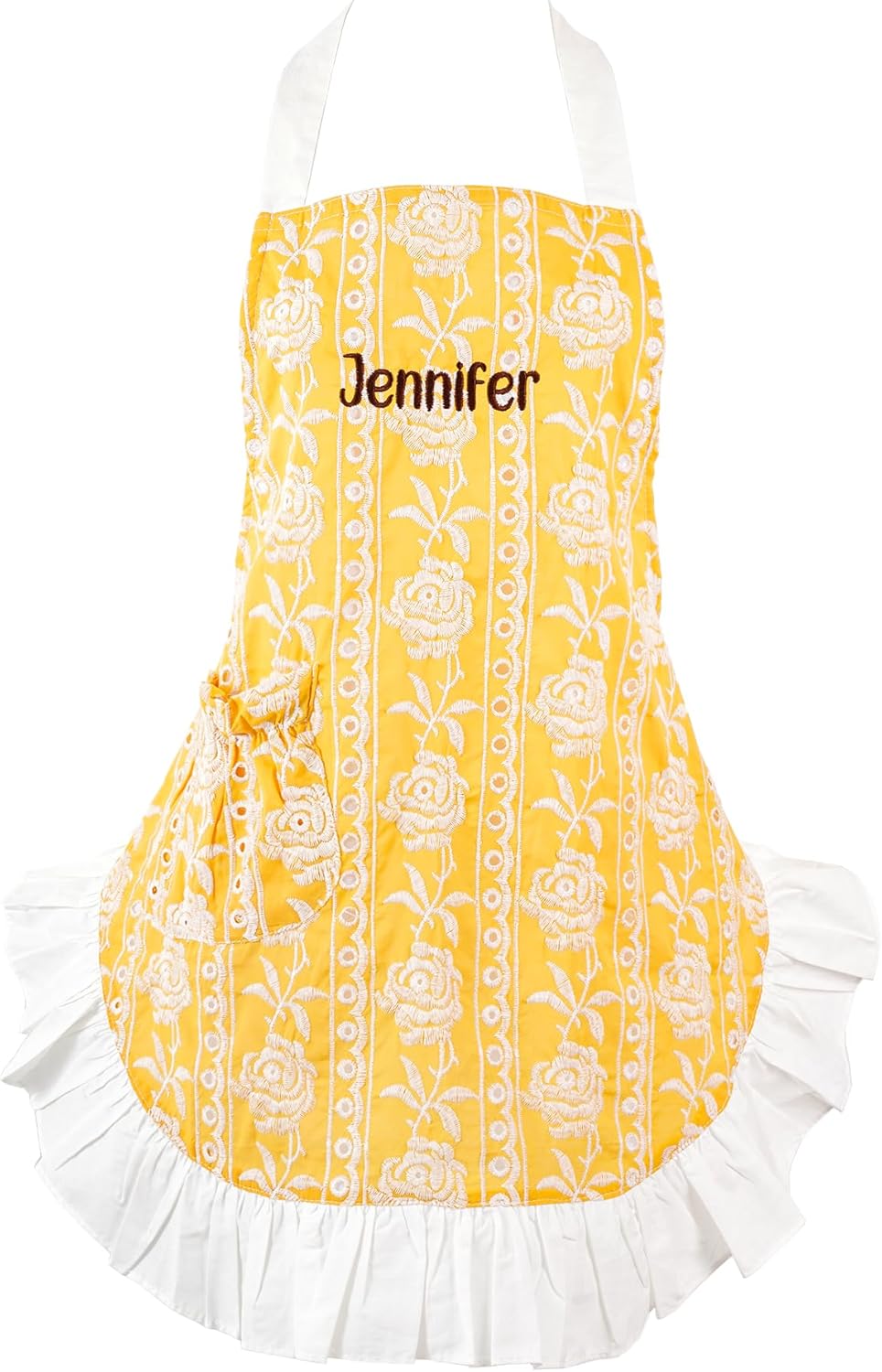 Cooking Aprons for Women with Pockets-Custom Name Kitchen Cotton Apron with Full Floral Embroidery