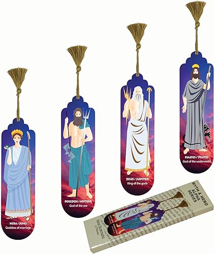Pictor Gift Myth and Hero - Juego de marcapáginas decorativo de 4 piezas, obras de arte de metal prensado con parte trasera de gamuza (Myth and Hero
