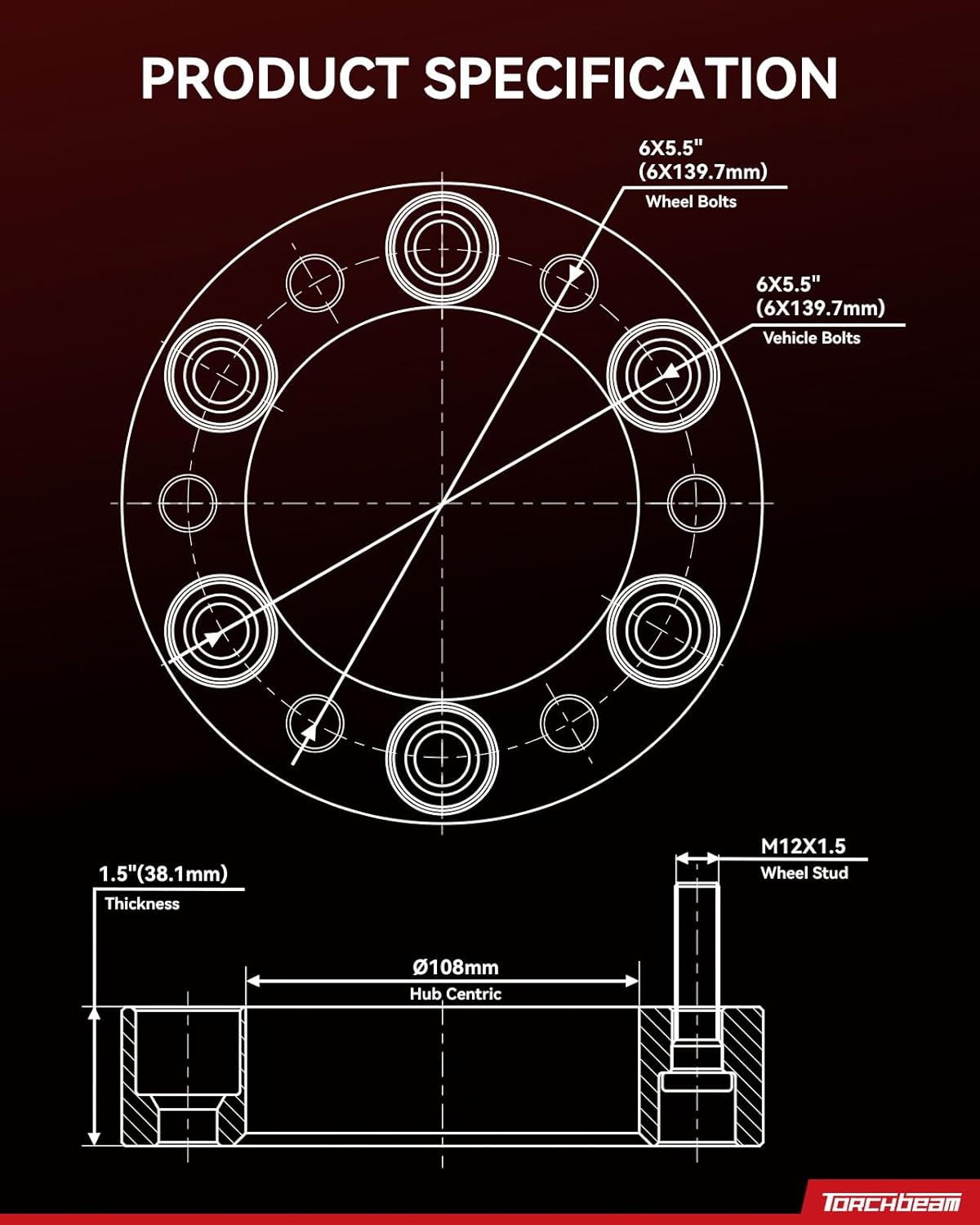Torchbeam 6x5.5 Lug Wheel Spacers 1.5 inch with M12x1.5 Thread Pitch, 108mm Hub Bore, 4pcs for Tacoma, 4Runner, Ranger, Colorado, FJ Cruiser, Tundra, Pickup, H3, GX460, Canyon, Sequoia
