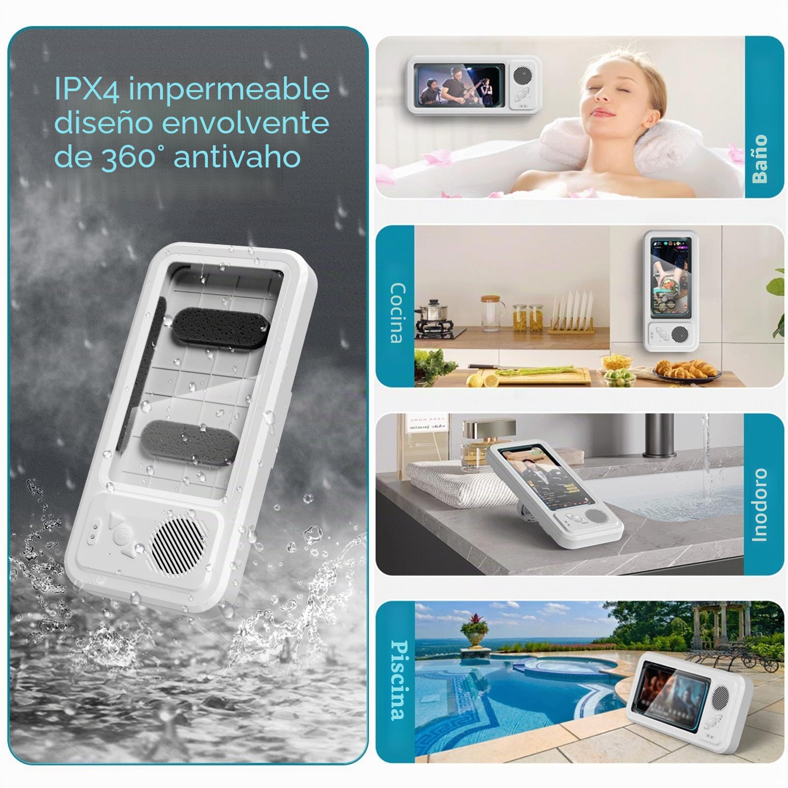 Soporte Para TeléFono Ducha Resistente Al Agua,Con Altavoz Bluetooth InaláMbrico,Funda Para TeléFono Ducha,BañO,Montaje En Pared Para Todos Los TeléFonos MóViles Hasta 7 Pulgadas,Regalos Para Hombres