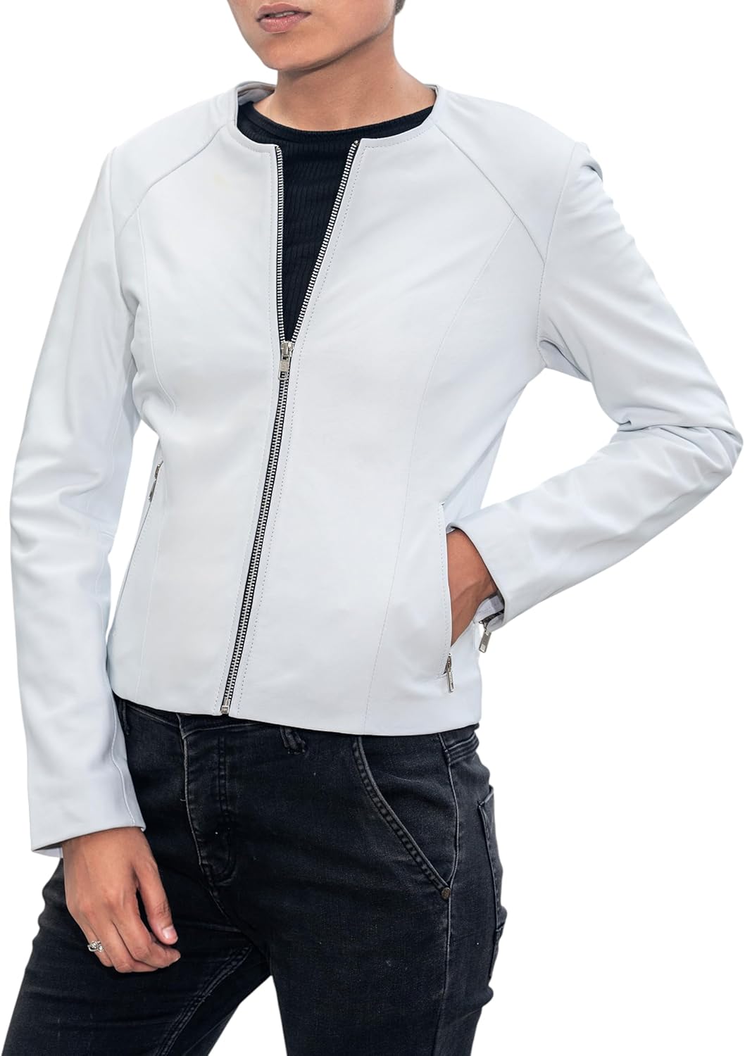 Jild Stylish Collarless Leather Jacket Women – Slim Fit Elegant Style Womens Lightweight Lambskin Leather Jacket