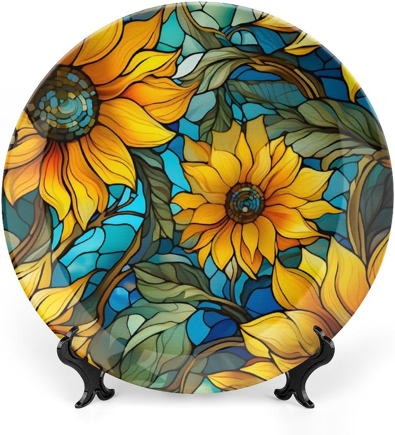 Decorative Plates for Home Decor, Sunflower Floral Stained Glass Design Decor Tray for Table Display, Ceramic Dinner Plate W/ Stand, Living Room Dining Room Decor, Gifts for Sunflower Lover, 7 Inch