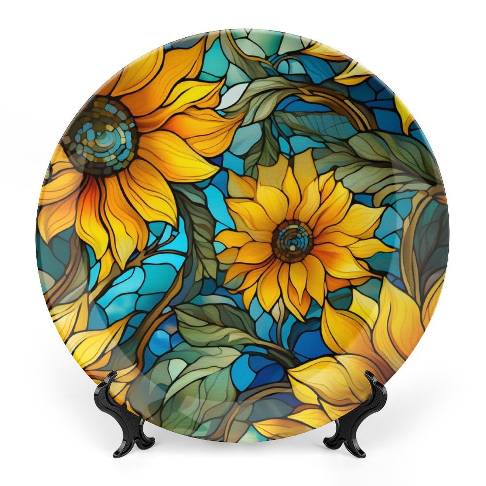 Sunflower Floral Stained Glass Design Decorative Plates Home Decor Ceramic Plates, Dinner Plates Display for Living Room, Kitchen, Hallway Console Side Table, Presents for Sunflower Lover, 10 Inch
