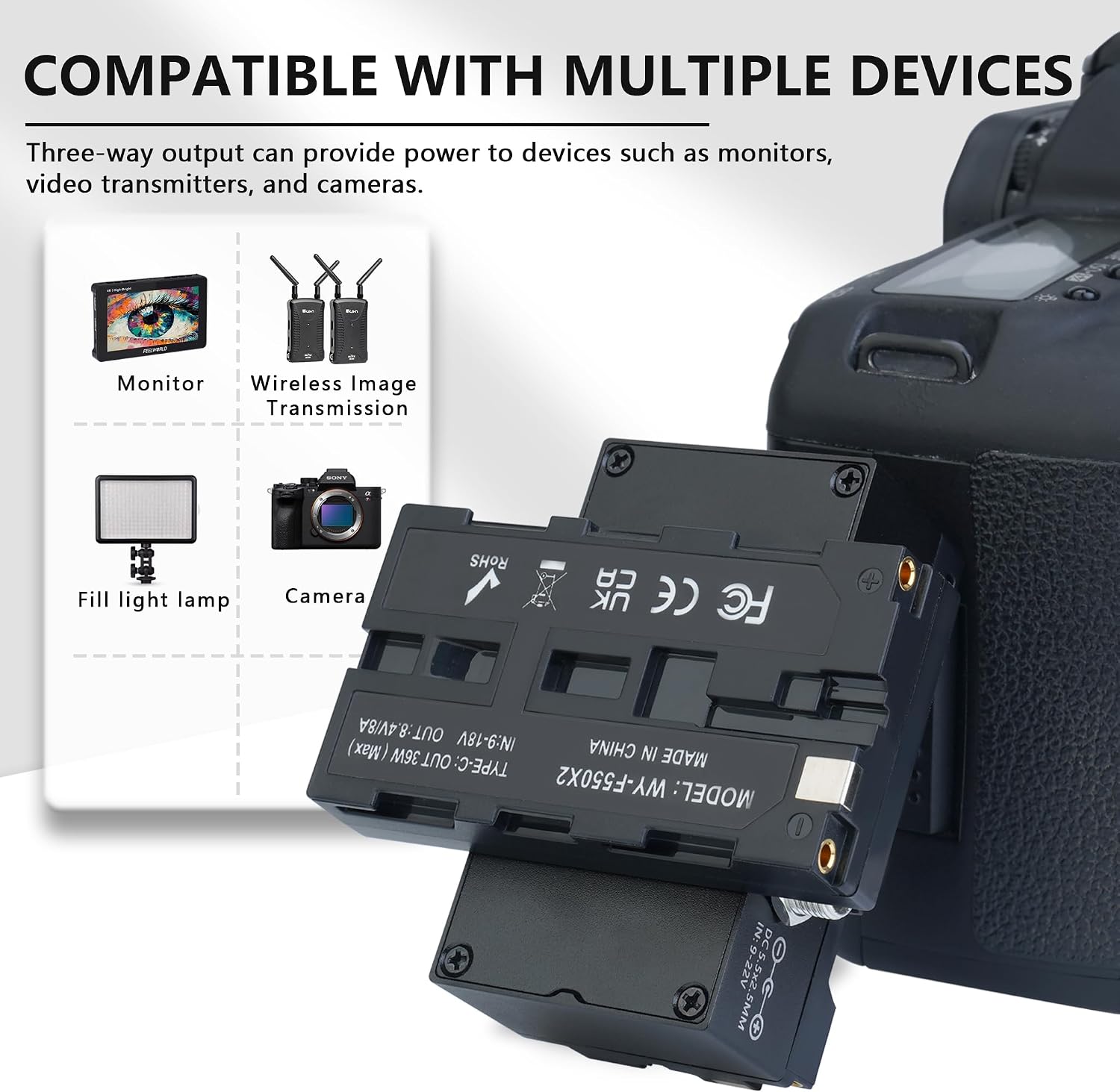 D-Tap to Double-Sided NP-F550/970 Dummy Battery, can Rotate 270 °,for Atomos Ninja/Shinobi Monitors,for DJI SDR Video Transmitter,LED Lights, etc.