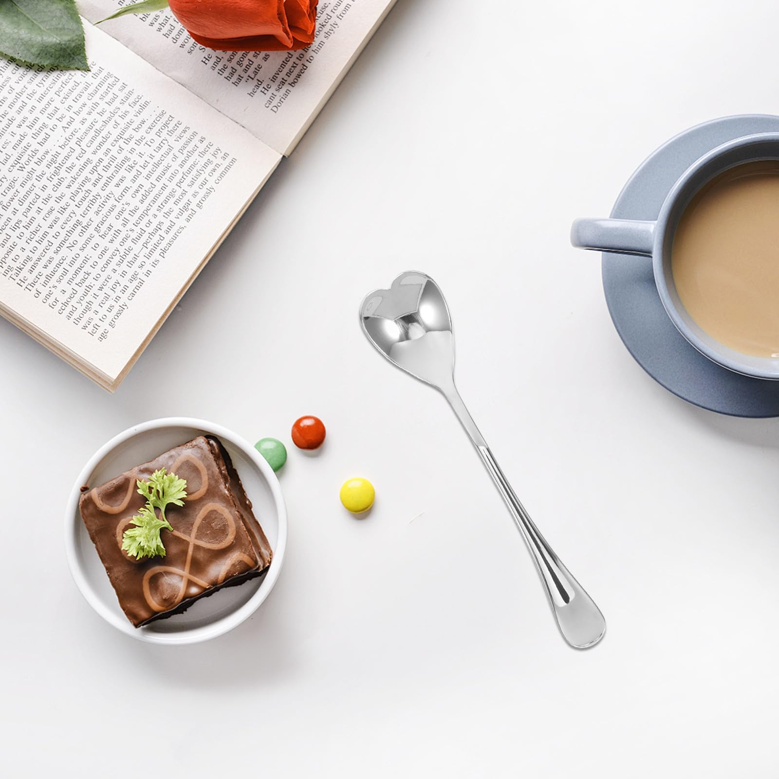 POPETPOP 6 Cucharas de Acero Inoxidable en Forma de Corazón Mango Largo, Creativas y Lindas para Café, Té, Postres y Uso Versátil en Cocina y Fiestas