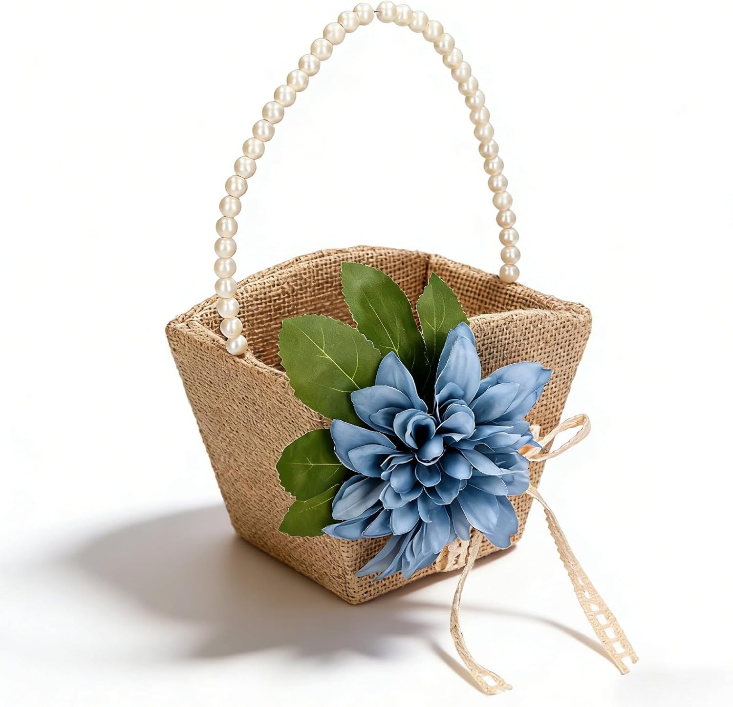Burlap Flower Girl Basket,Wedding Basket for Flower Girl with Pearl Handle,Linen Wedding Flower Baskets for Ceremony (Blue)