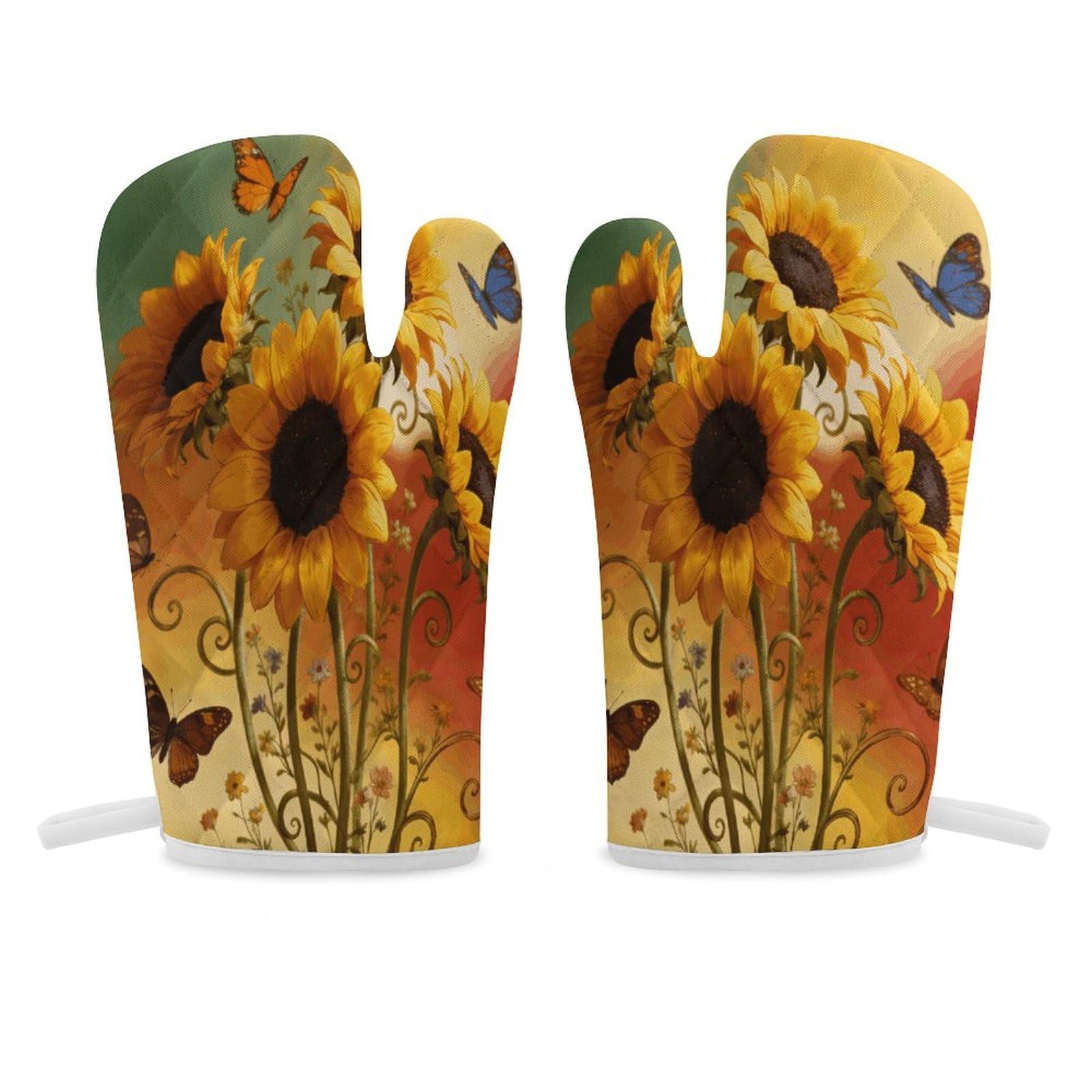 Butterfly Sunflower Boho Flower Oven Mitt Heat Resistant Potholder Set,Durable Oven Gloves for Gifts,Glove Pot Holder for Cooking Baking Grilling BBQ