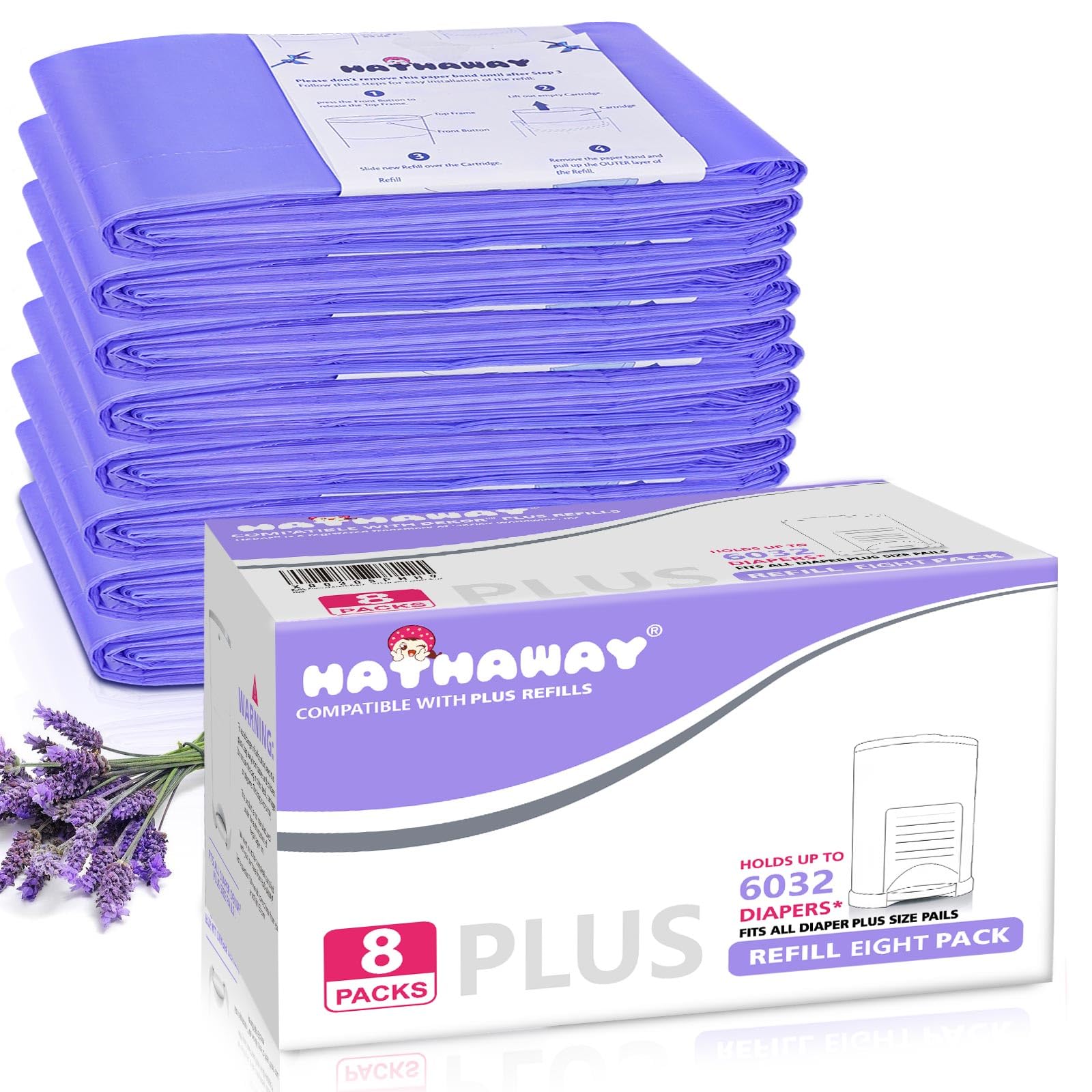 Refills Compatible with Dekor Plus Diaper Pail Refills 8 Pack Diaper Pail Liners with Lavender Scent