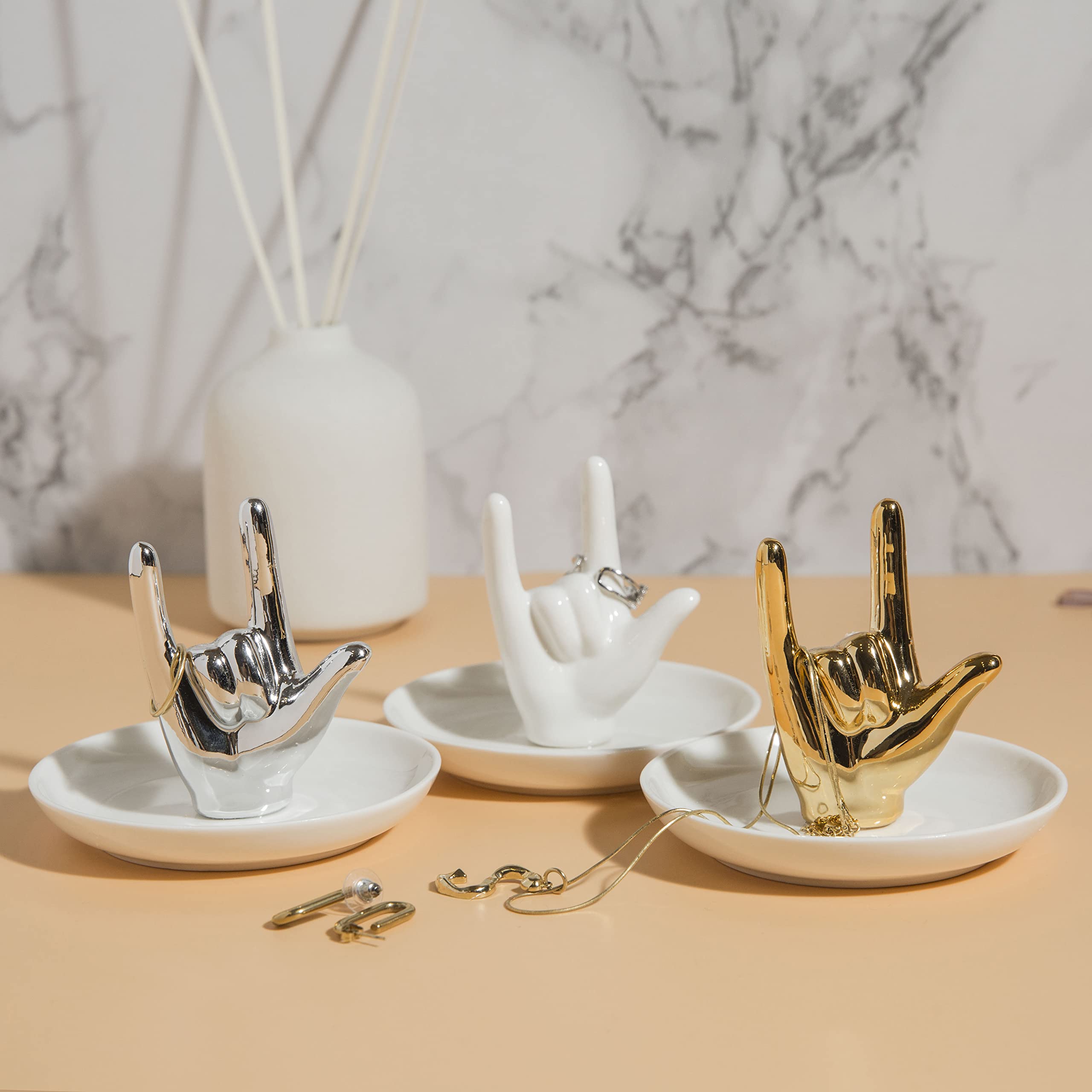 CIROANNELISE Ceramic Jewelry Tray With Ring Holder - Beige, Rectangular, Decorative Trinket Dish
