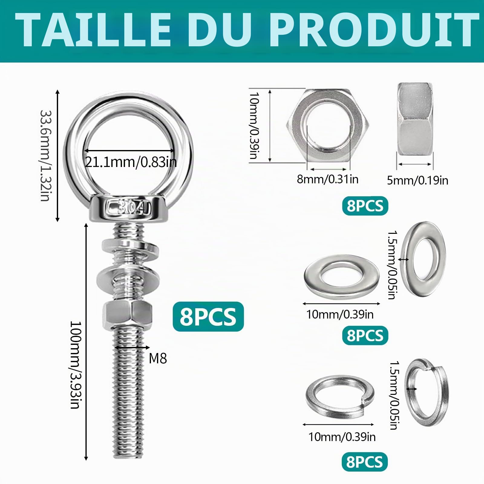 8 Vis à Œil M8 x 100 mm avec Écrous et Rondelles, Vis à Anneau Robuste pour Fixation, Suspension Murale, Levage, Bricolage, Utilisation Intérieure et Extérieure