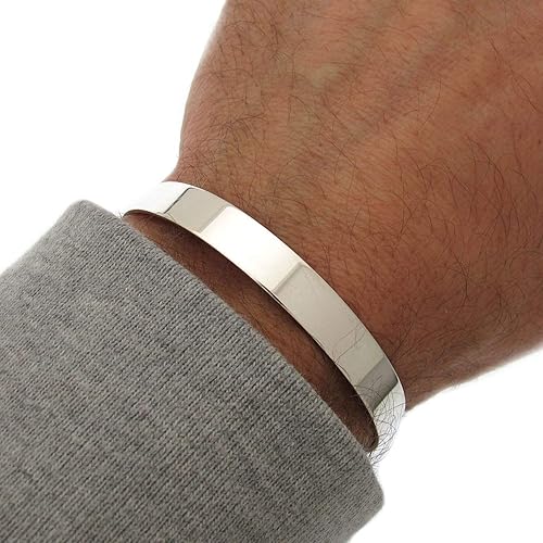 Pulsera de plata de ley lisa para hombre, brazalete plano para hombre, pulsera de plata pulida suave personalizada para hombre, 0.315 in de ancho,
