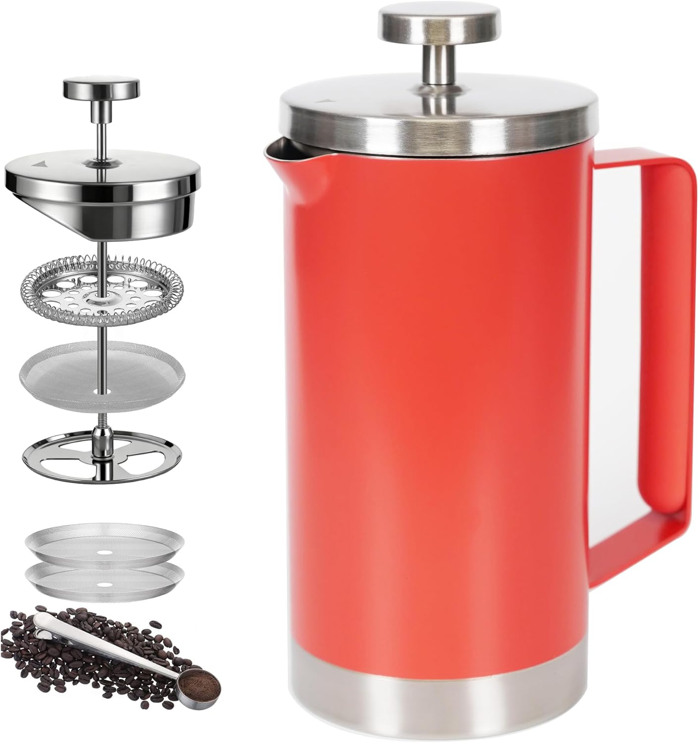 small French Press Coffee Maker 600ml, Double-Wall Insulated French Press Coffee Press Stainless Steel for travel camping, Silicone handle (2-4cup, 20 OZ) silver