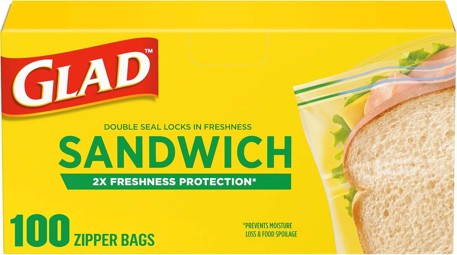 Glad Zipper Food Storage Plastic Bags, Sandwich, 100 Count (Package May Vary)
