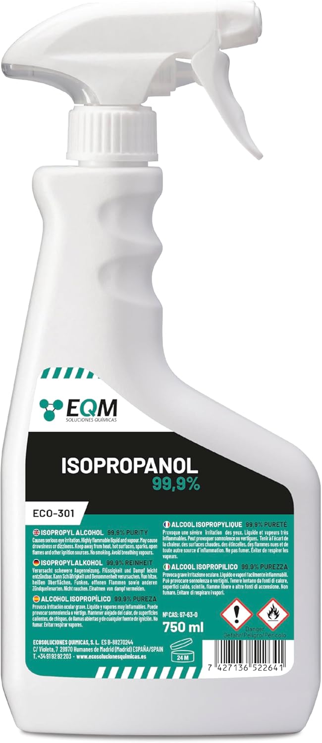 EQM - ECO-301 - Isopropanolo - Alcool Isopropilico 99 9% - 750 ML - Pulizia di componenti elettronici lenti e schermi - Pulizia delle resine stampa 3D - Detergente per vetri sgrassatore