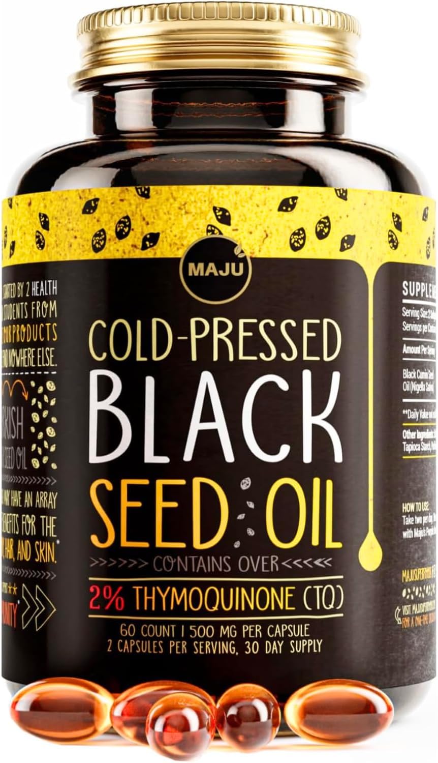 Maju Superfoods Black Seed Oil Capsules - Cold Pressed, 2% Thymoquinone, Turkish Black Cumin Oil, 60 Count, 500mg