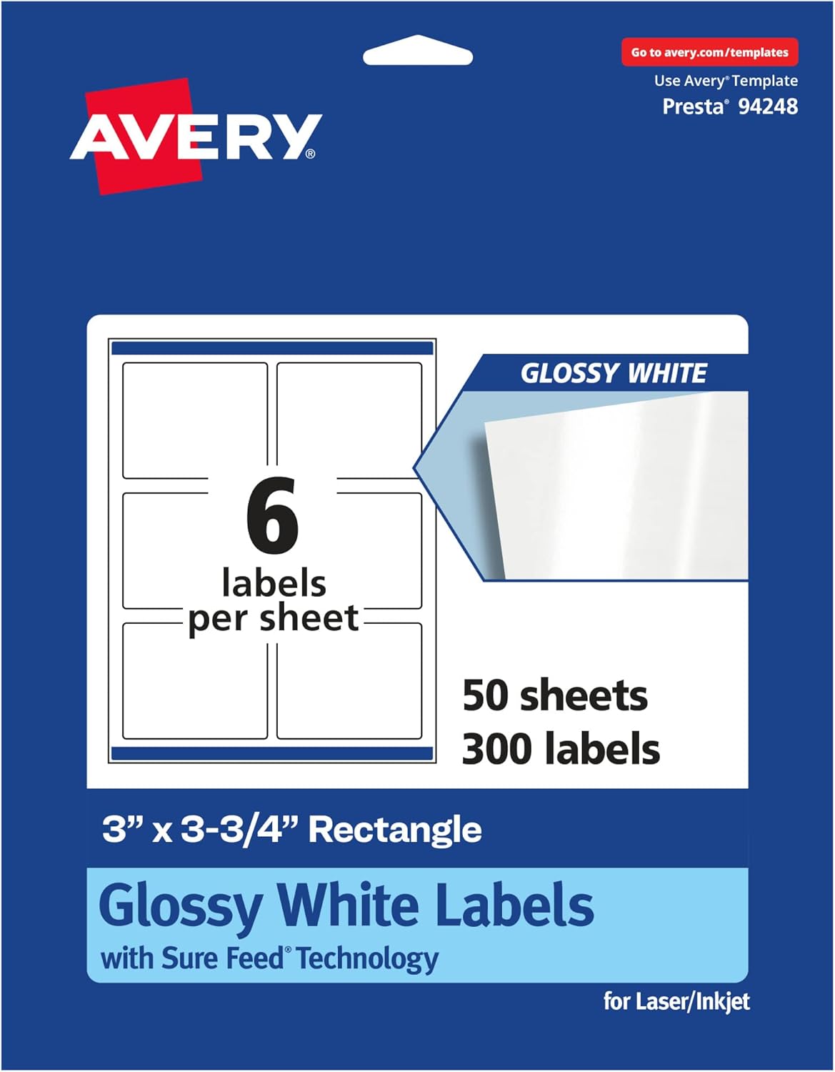 Avery Glossy White Rectangle Labels, Sure Feed Technology, 3" x 3.75", 300 Glossy White Labels, Print-to-The-Edge, Permanent Adhesive, Laser/Inkjet Printable