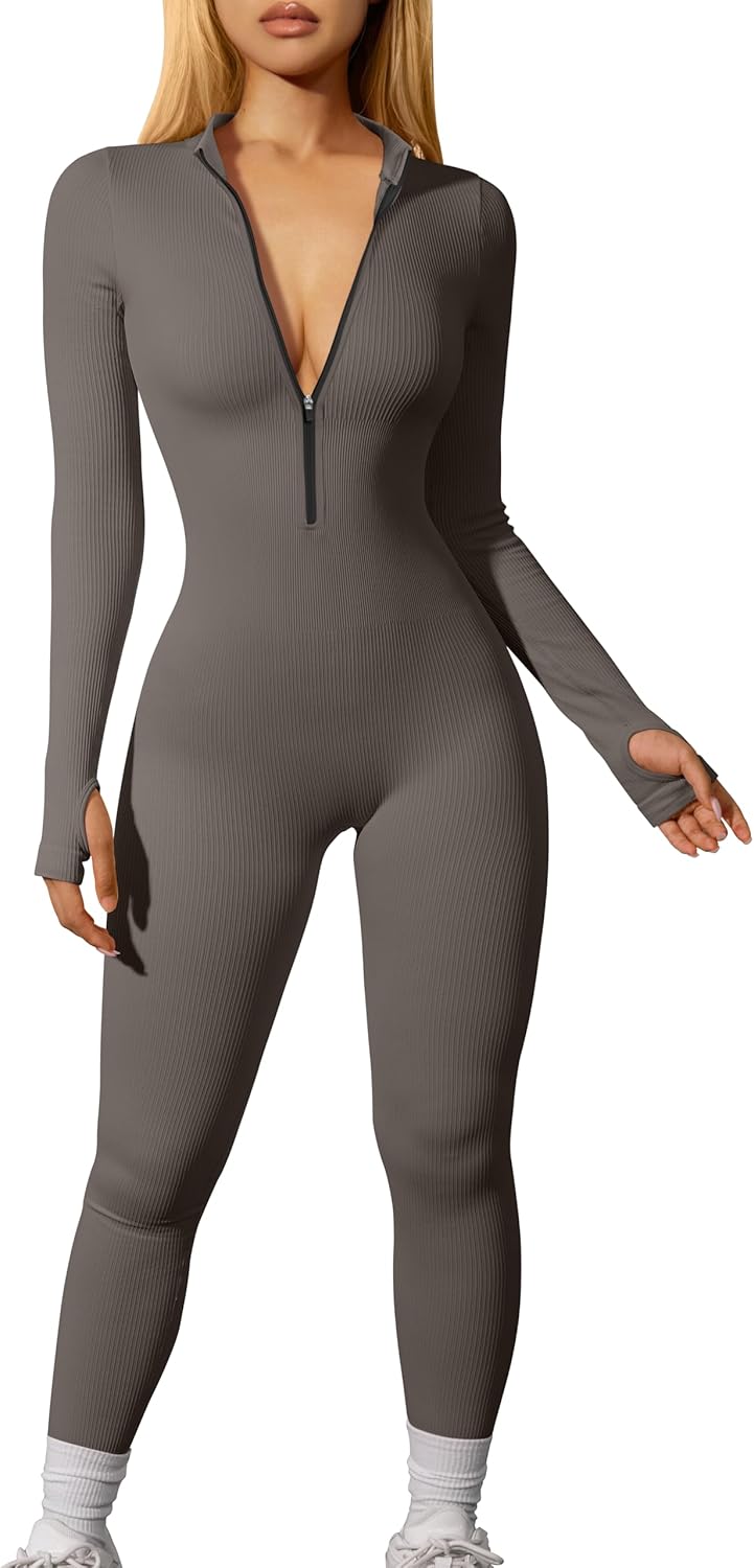OQQ Women Yoga Jumpsuits Workout Ribbed Long Sleeve Zip Front Sport Jumpsuits