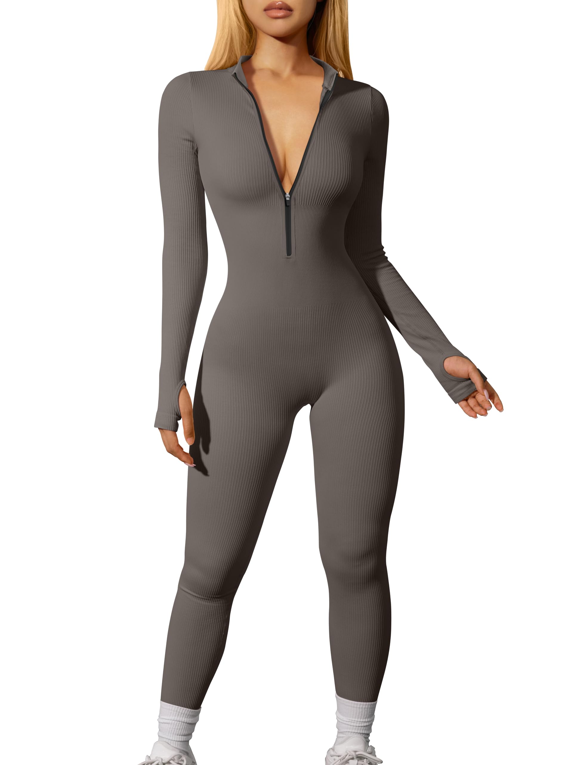OQQ Women Yoga Jumpsuits Workout Ribbed Long Sleeve Zip Front Sport Jumpsuits: Large Tea Leaf