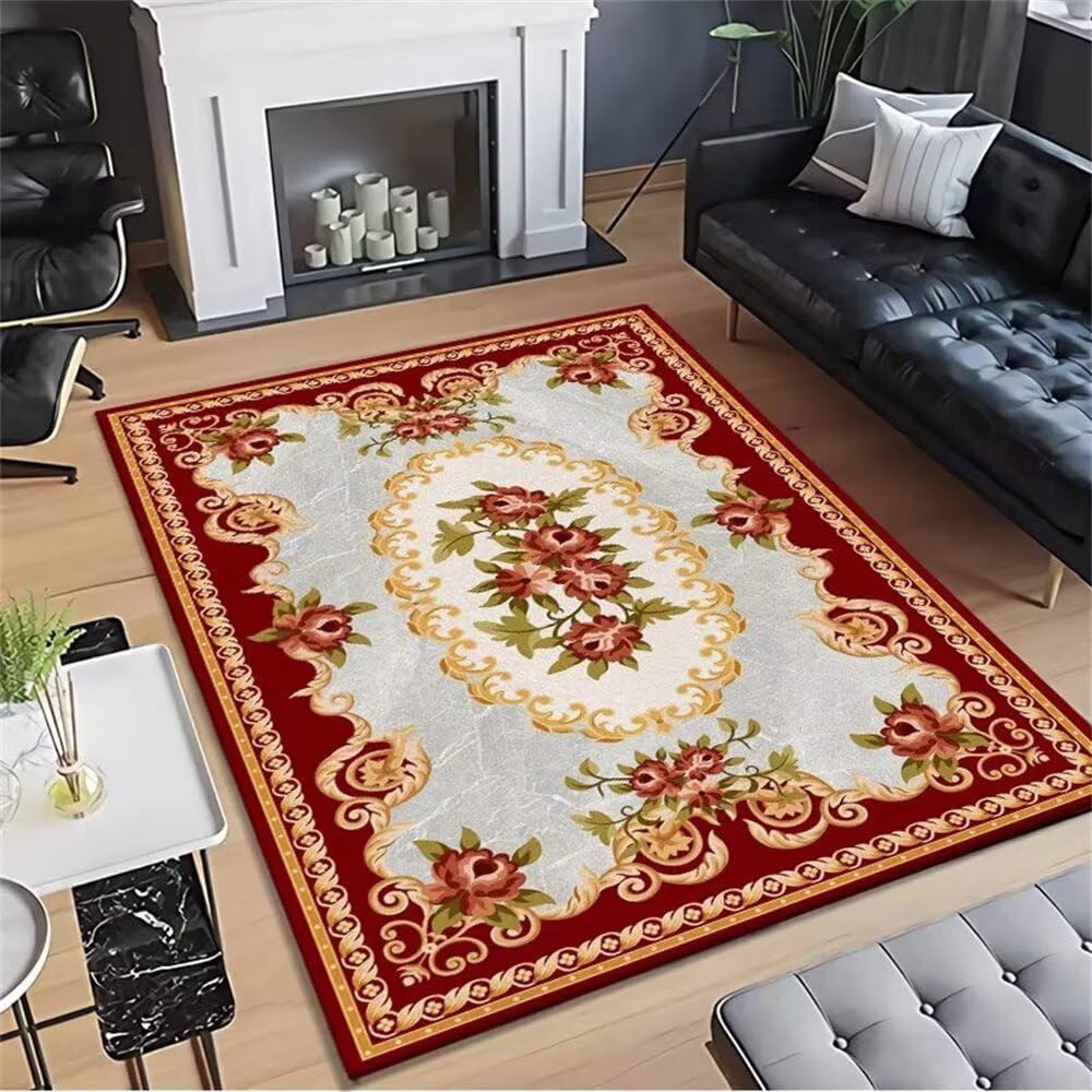 Tapis poil ras 300x400cm rouge floral vintage pour salon et chambre