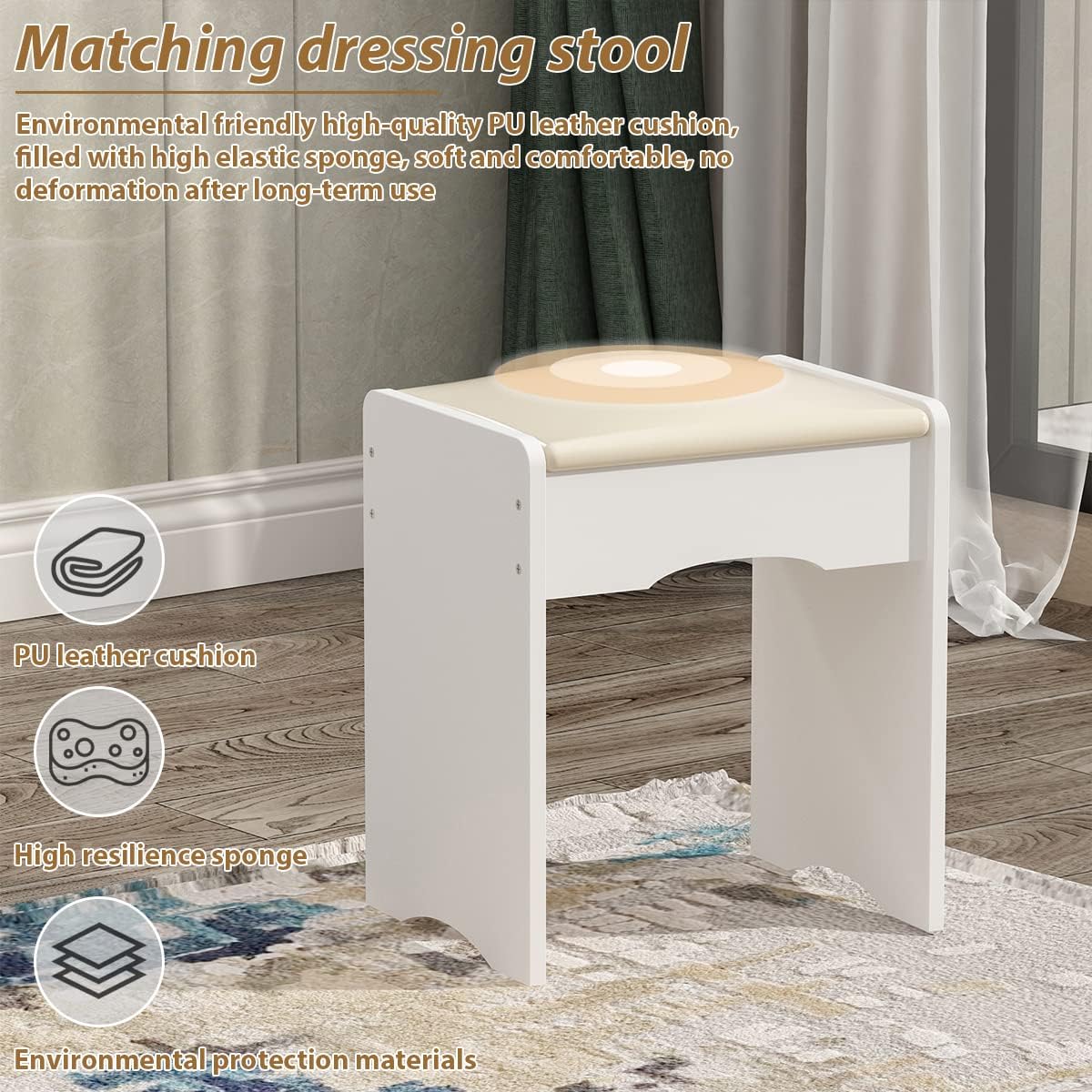 Large Vanity Table Set Makeup Vanity Dressing Table with Mirror, 5 Drawers & Shelves, Dresser Desk and Cushioned Stool Set (White Lighted Mirror)